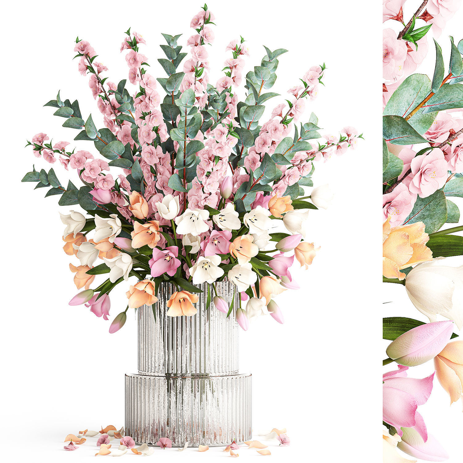 Bouquet of sakura branches with pink tulips flowers 377 3D model_7