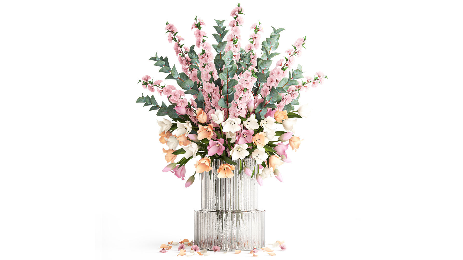 Bouquet of sakura branches with pink tulips flowers 377 3D model_1