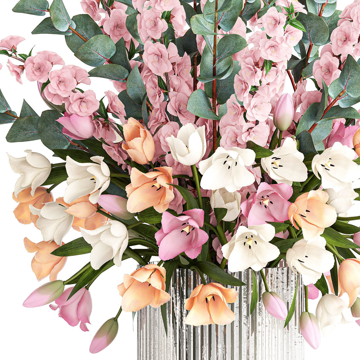 Bouquet of sakura branches with pink tulips flowers 377 3D model_12