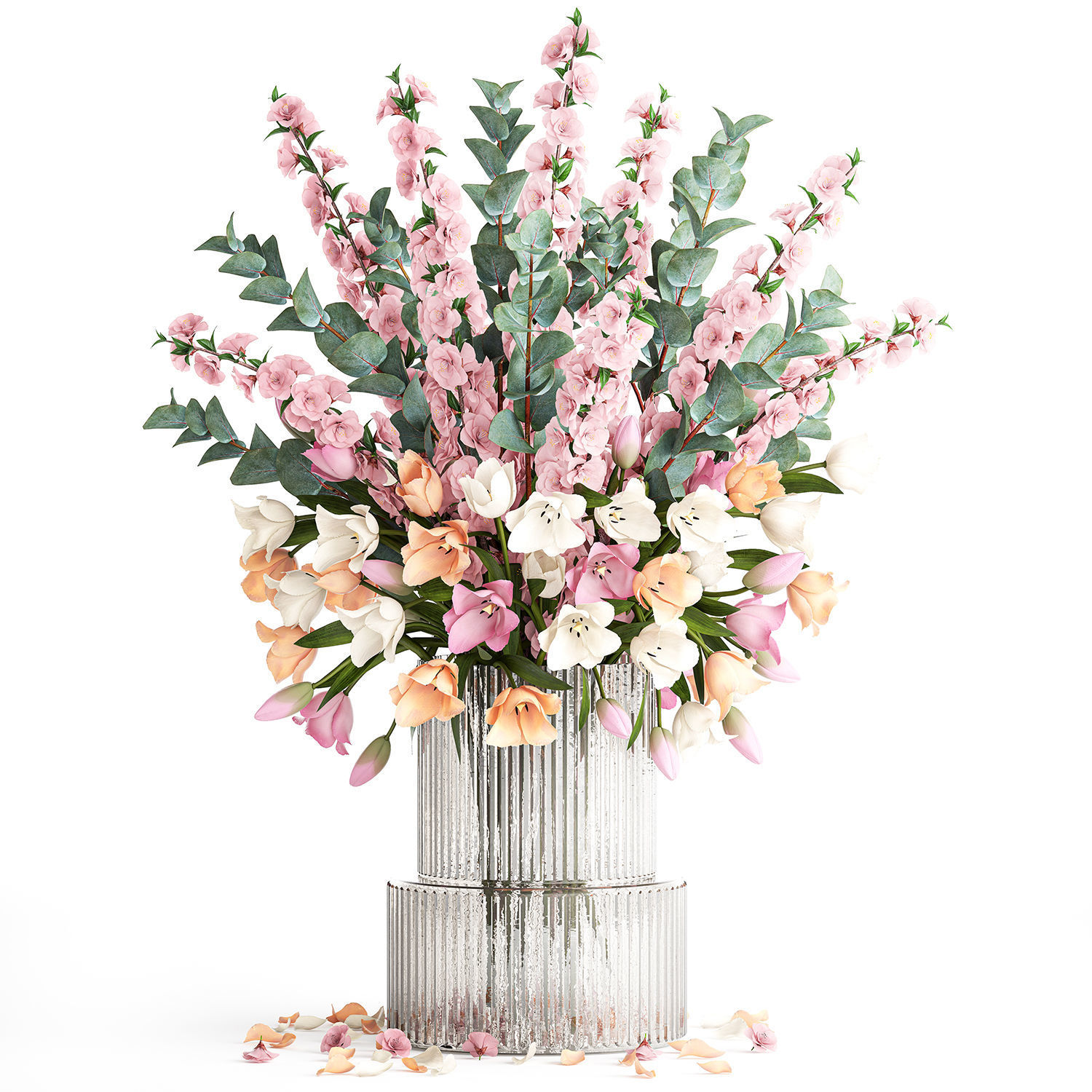 Bouquet of sakura branches with pink tulips flowers 377 3D model_8