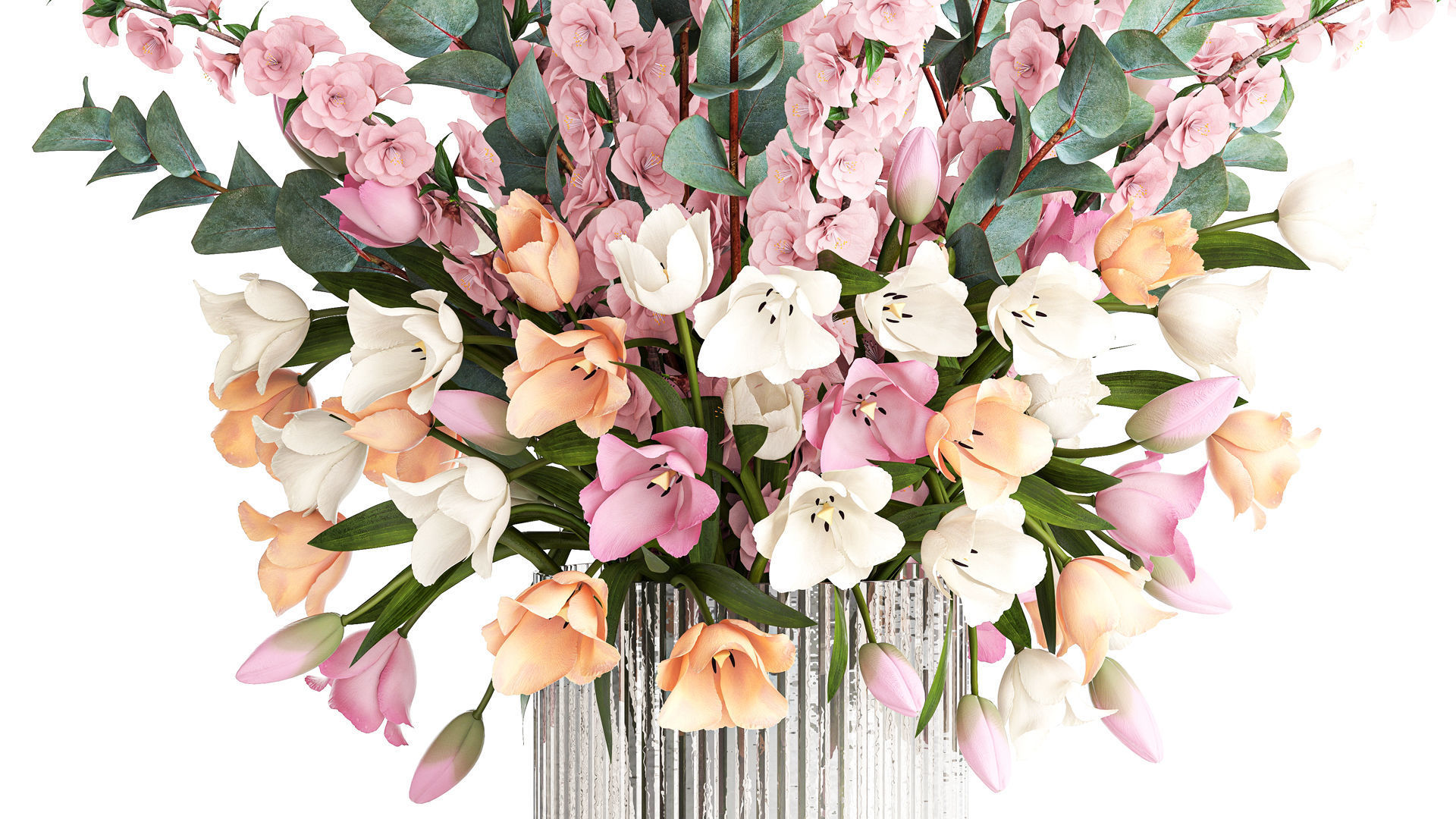 Bouquet of sakura branches with pink tulips flowers 377 3D model_2