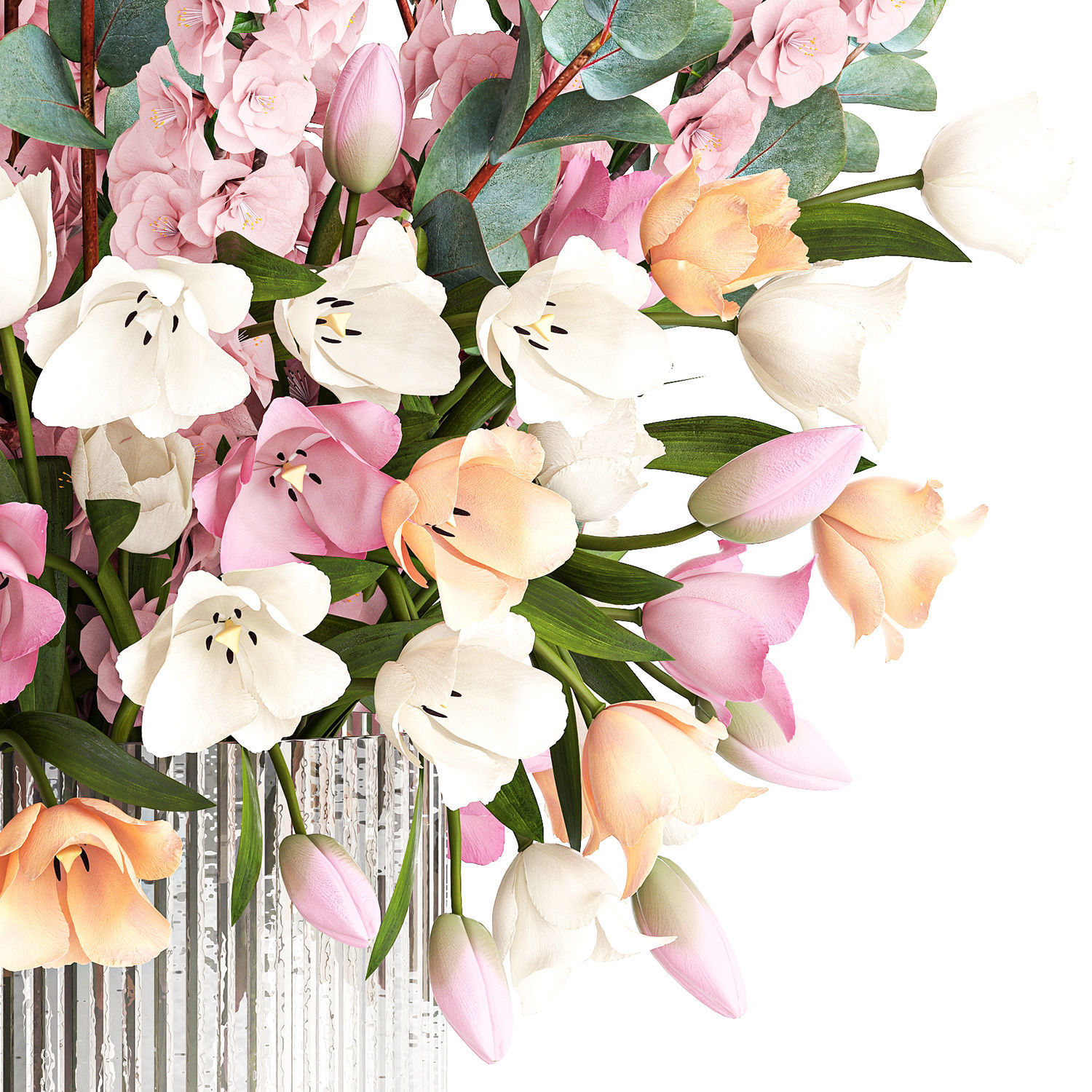 Bouquet of sakura branches with pink tulips flowers 377 3D model_9