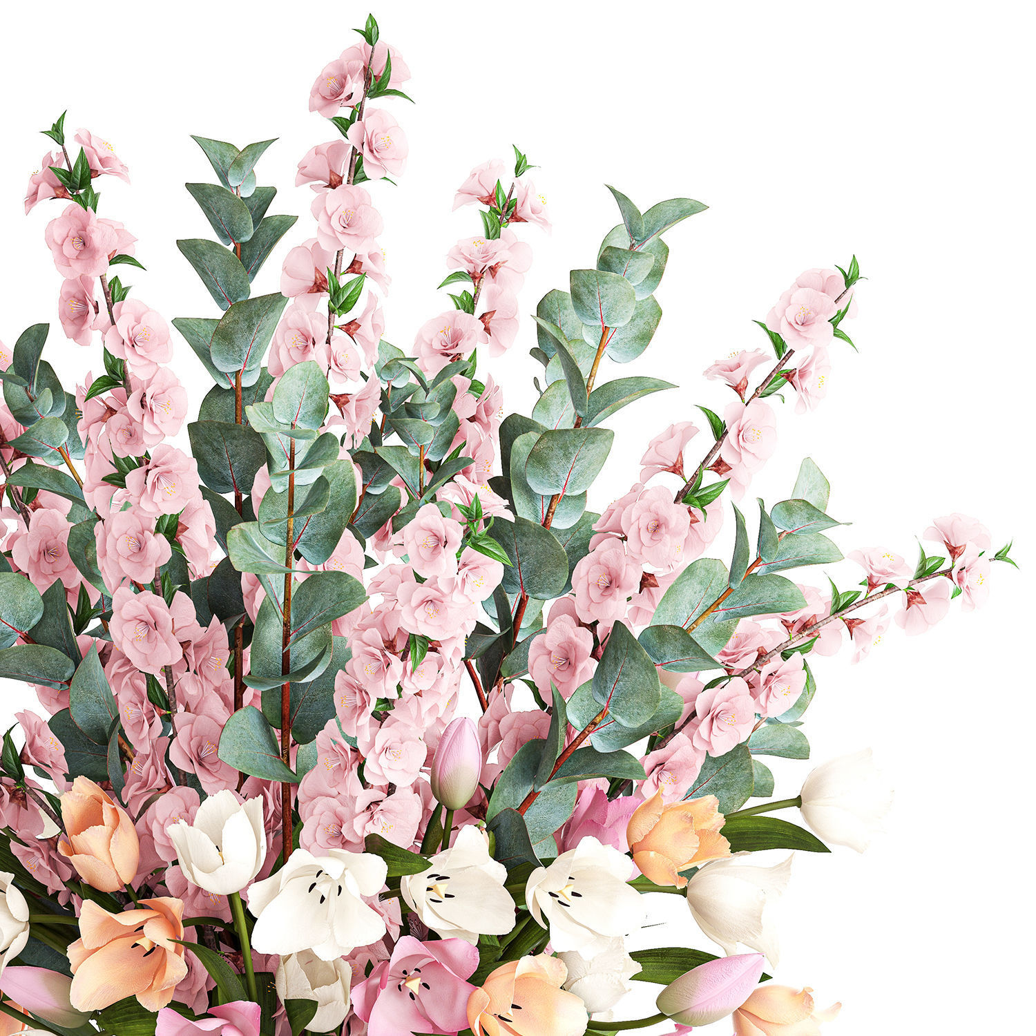 Bouquet of sakura branches with pink tulips flowers 377 3D model_10