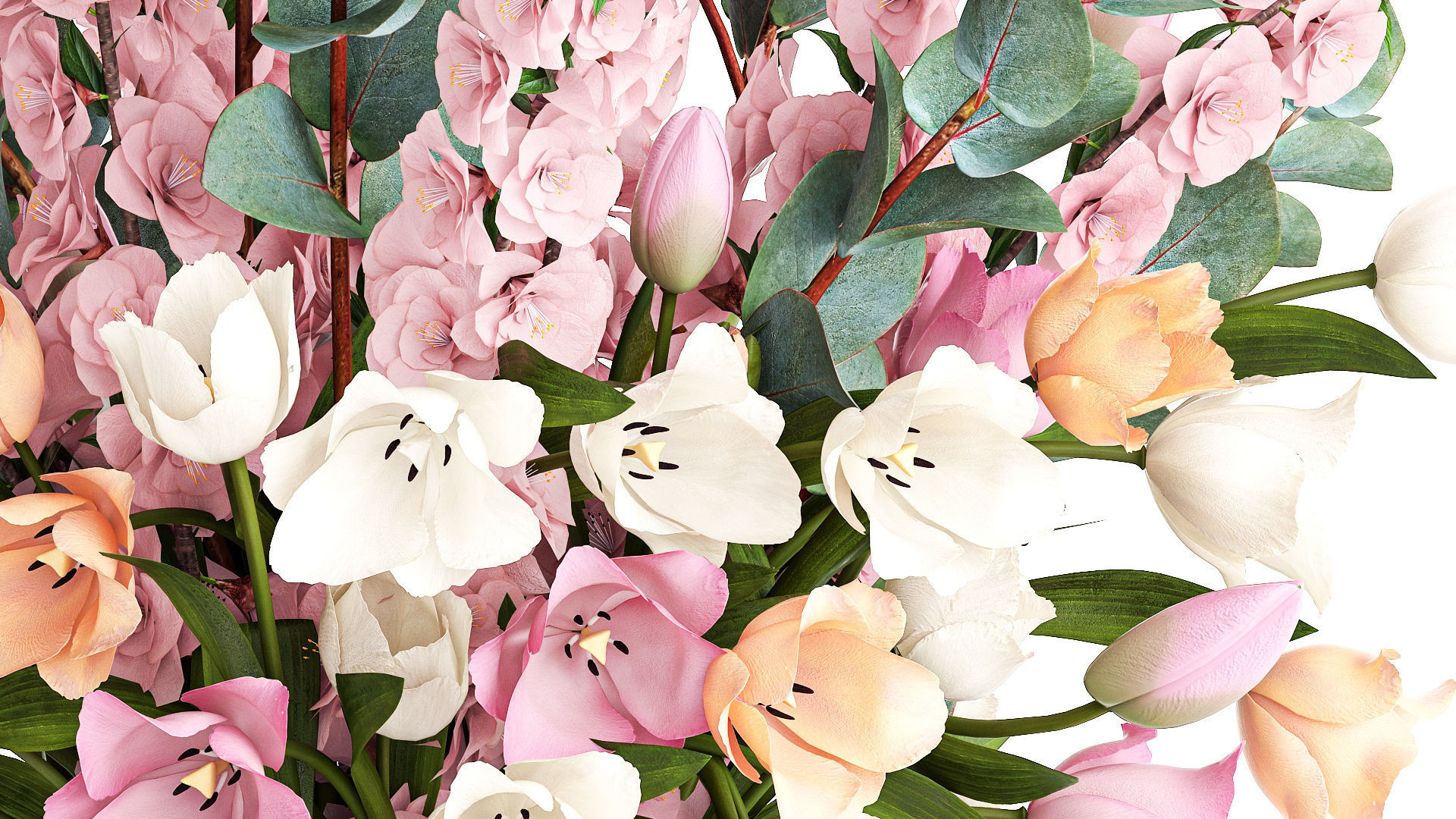 Bouquet of sakura branches with pink tulips flowers 377 3D model_6