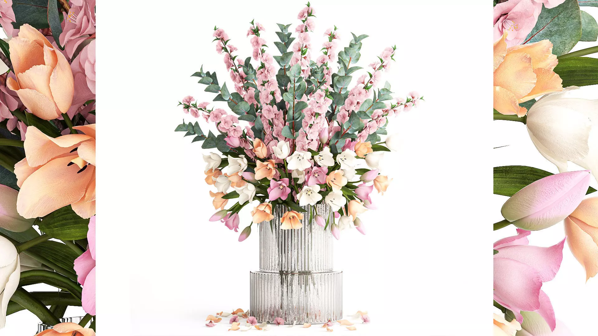 Bouquet of sakura branches with pink tulips flowers 377 3D model_0