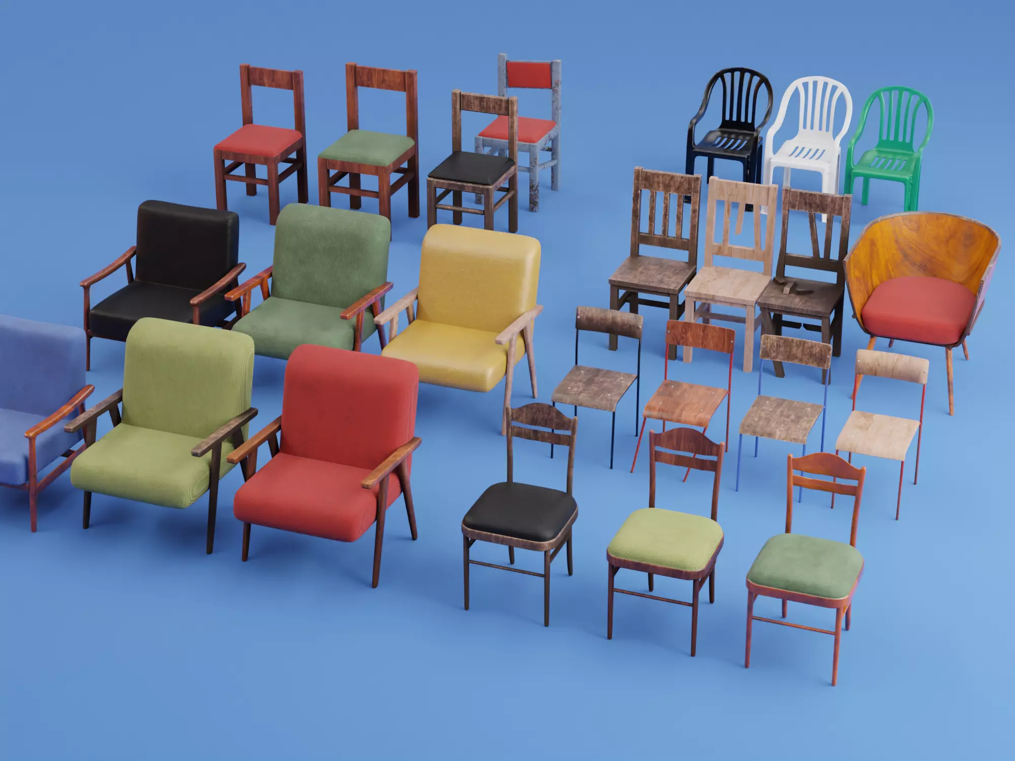 Lowpoly furnitures - chairs set 25 models Free low-poly 3D model