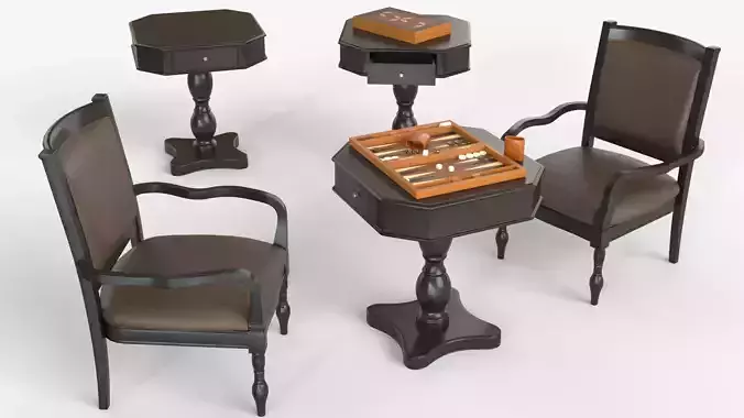 Backgammon Game with Table and Chairs Set  3D model