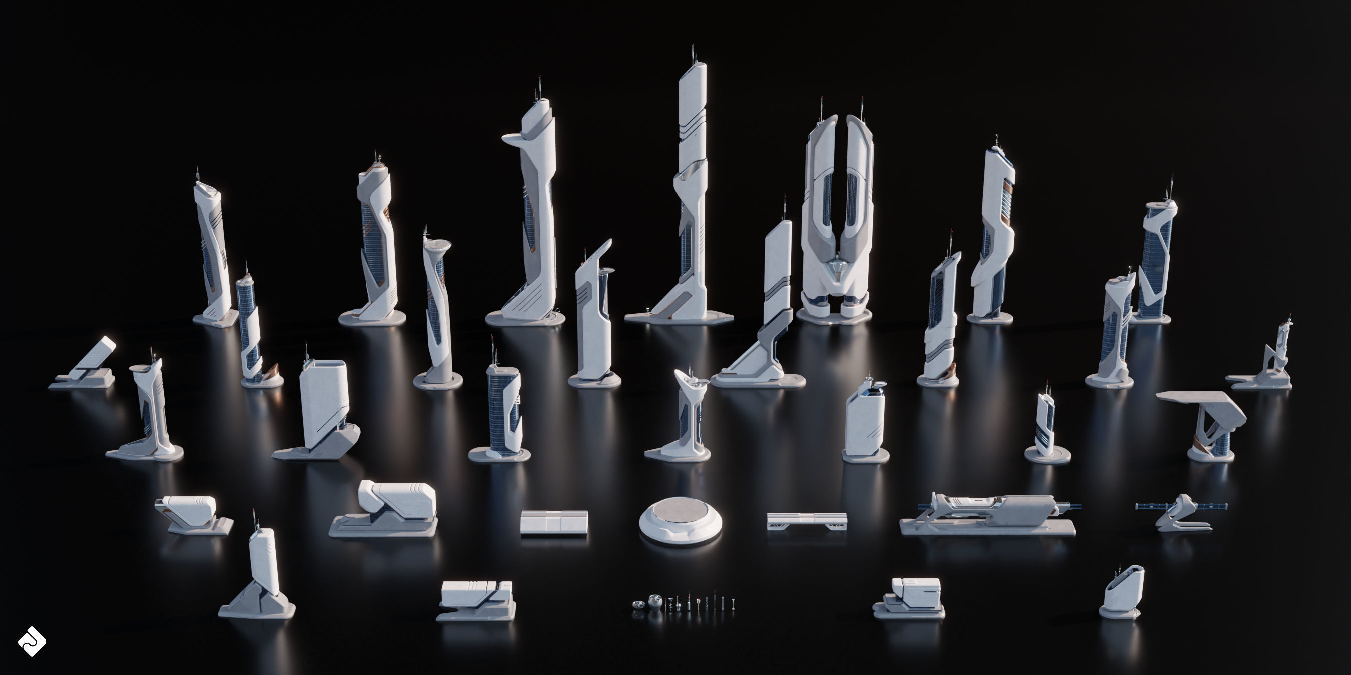 Future City - Futuristic Building Assets Blender 3D Kitbash Pack 3D model_4