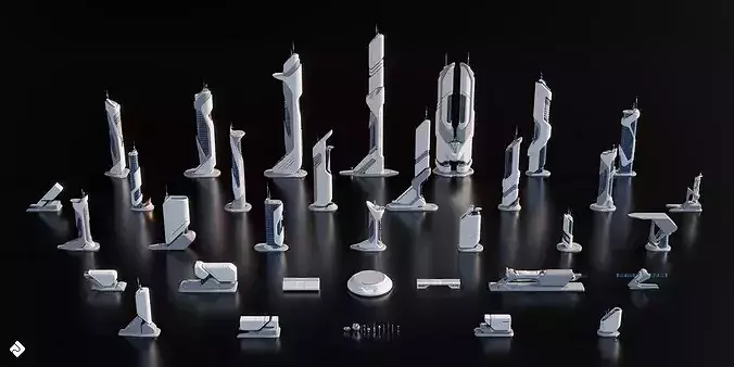 Future City - Futuristic Building Assets Blender 3D Kitbash Pack 3D model 5