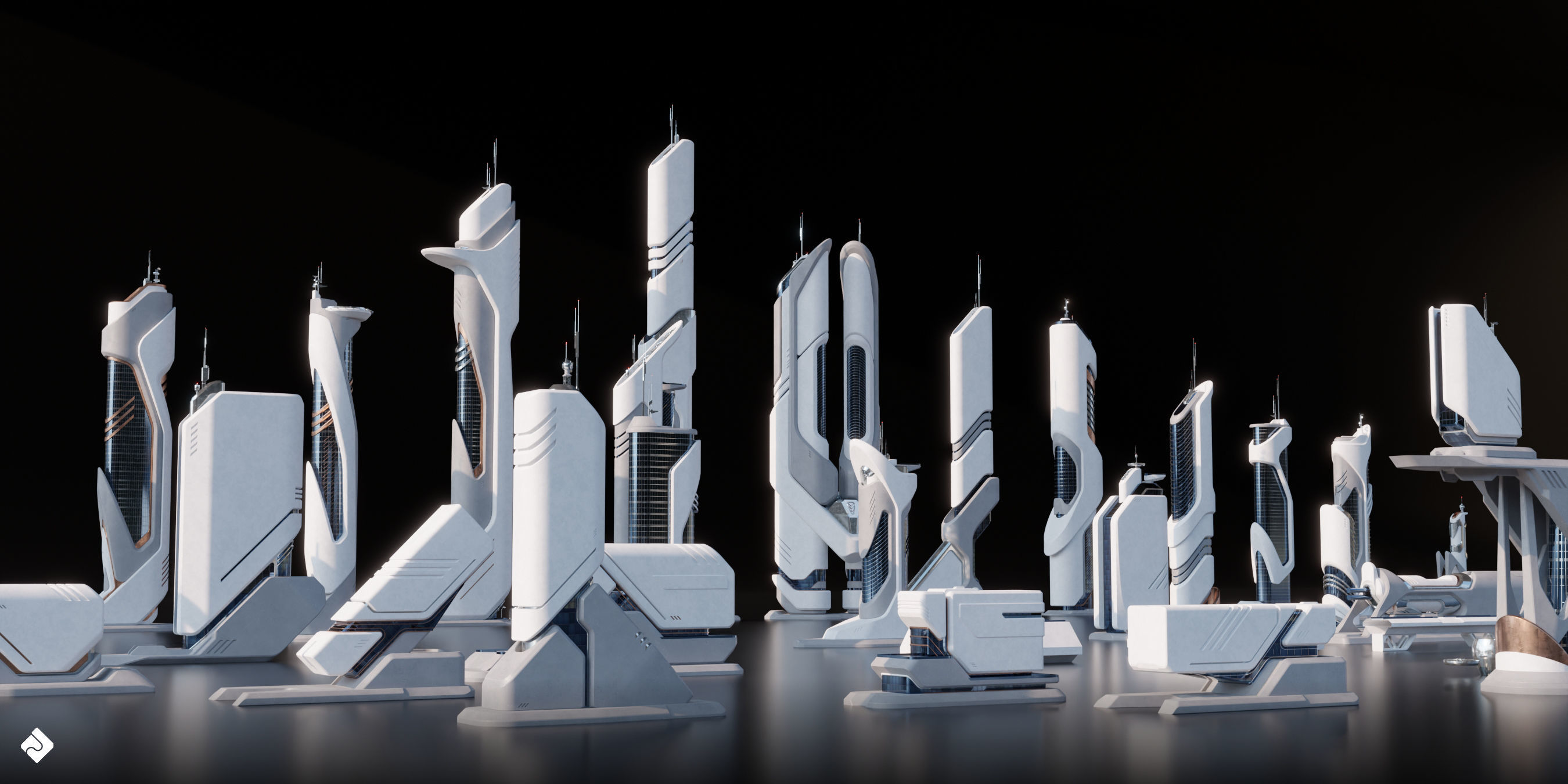 Future City - Futuristic Building Assets Blender 3D Kitbash Pack 3D model_8