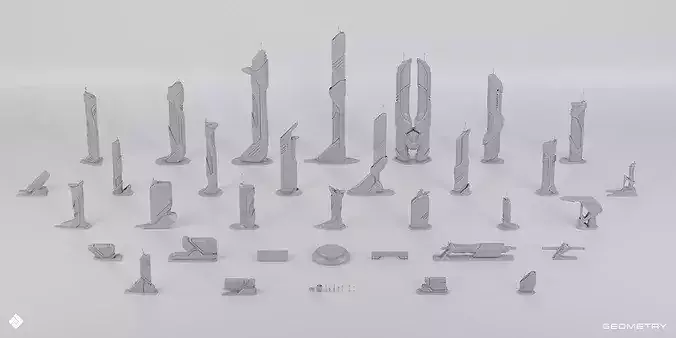 Future City - Futuristic Building Assets Blender 3D Kitbash Pack 3D model 7