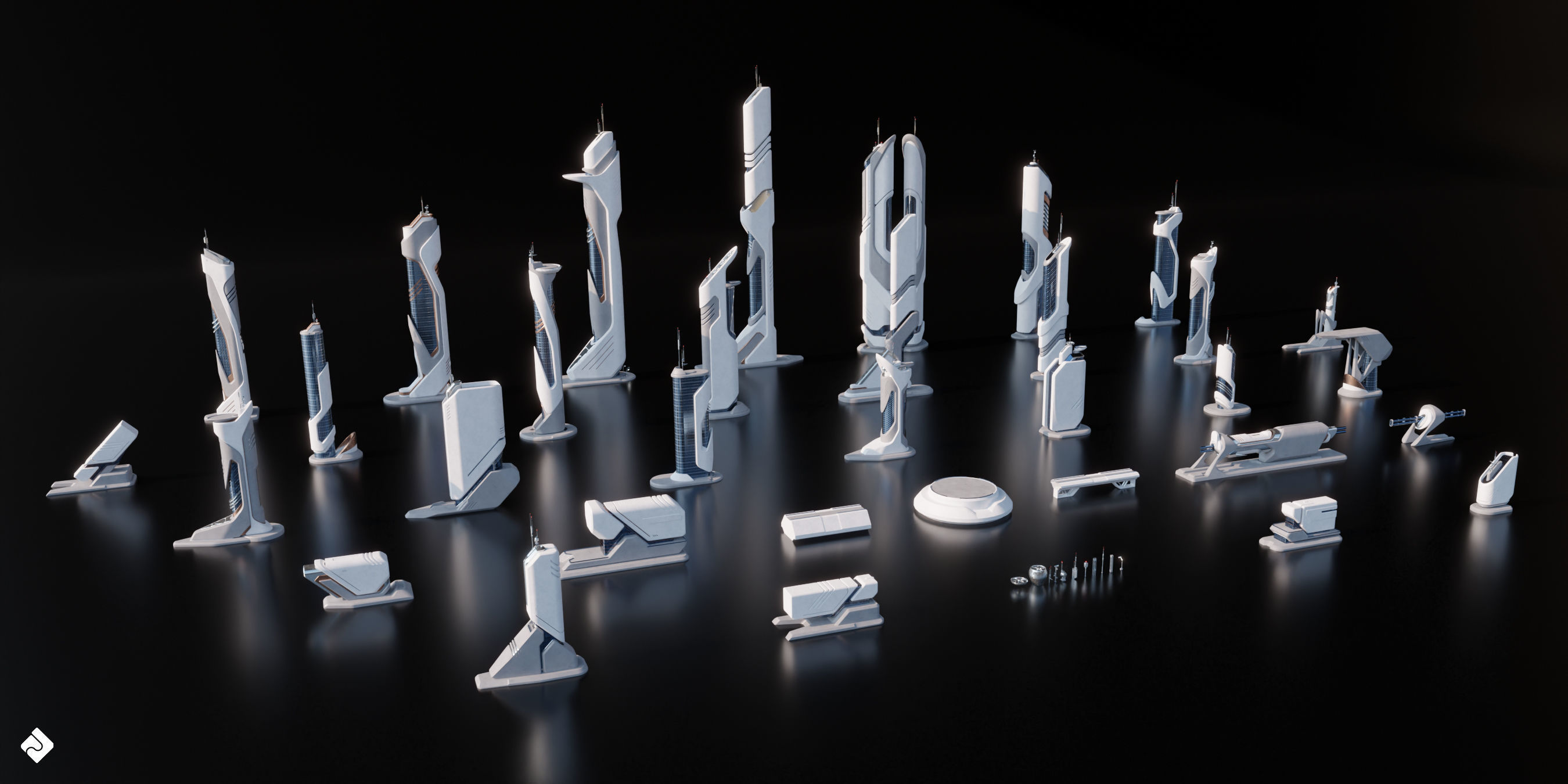 Future City - Futuristic Building Assets Blender 3D Kitbash Pack 3D model_13