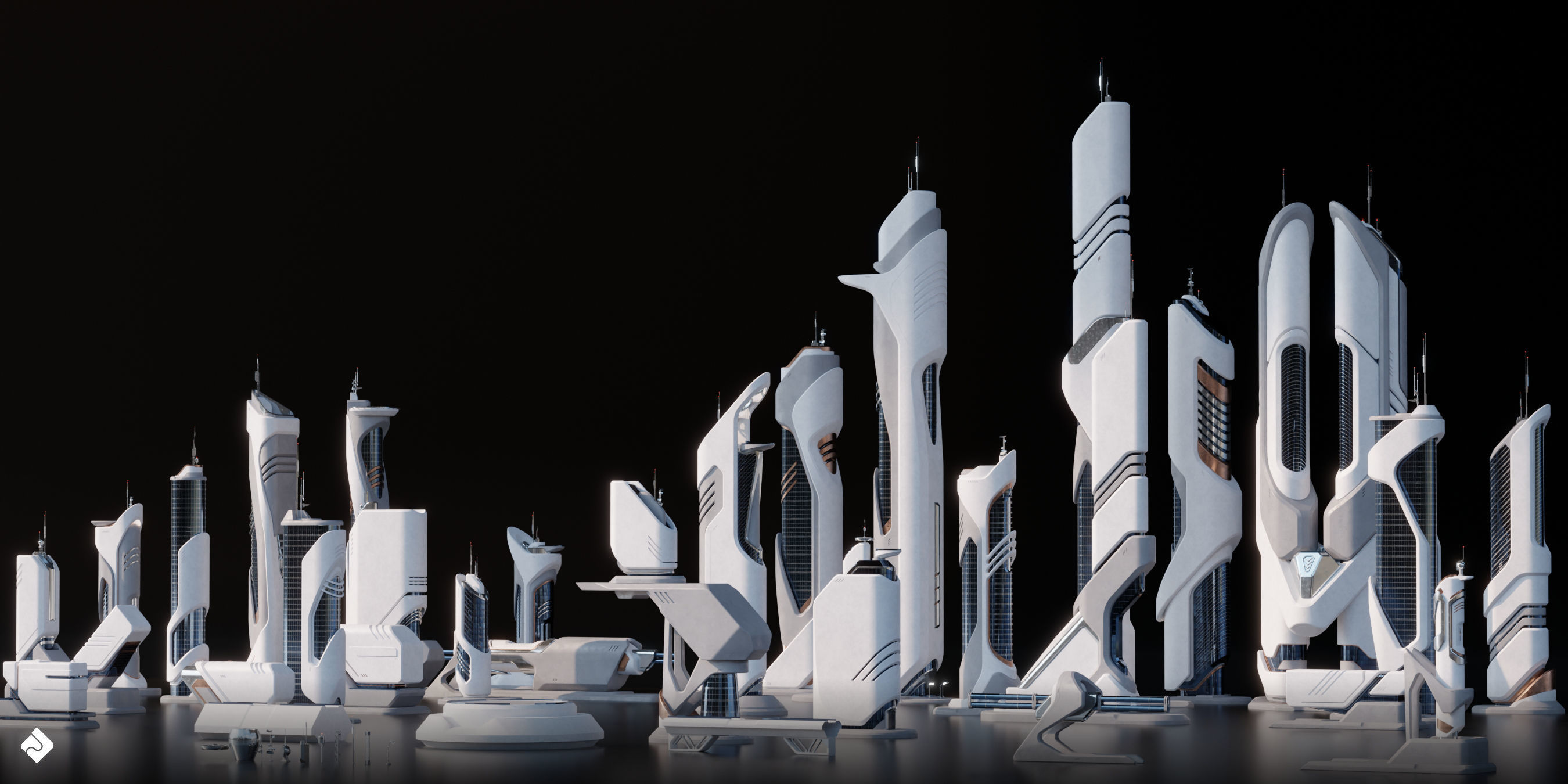 Future City - Futuristic Building Assets Blender 3D Kitbash Pack 3D model_10