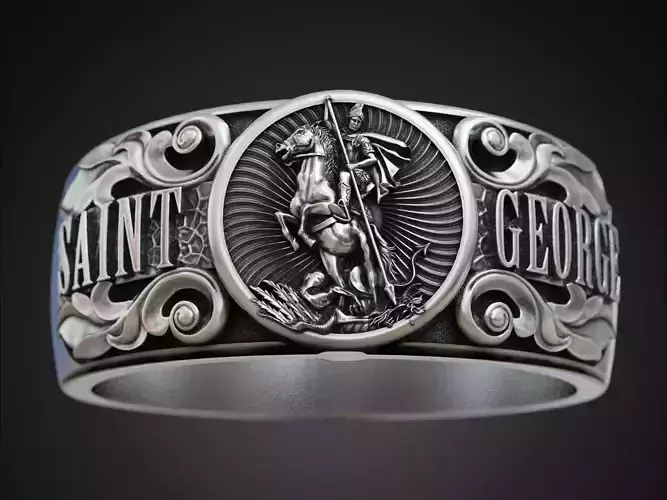 Saint George band ring baroque scrolls