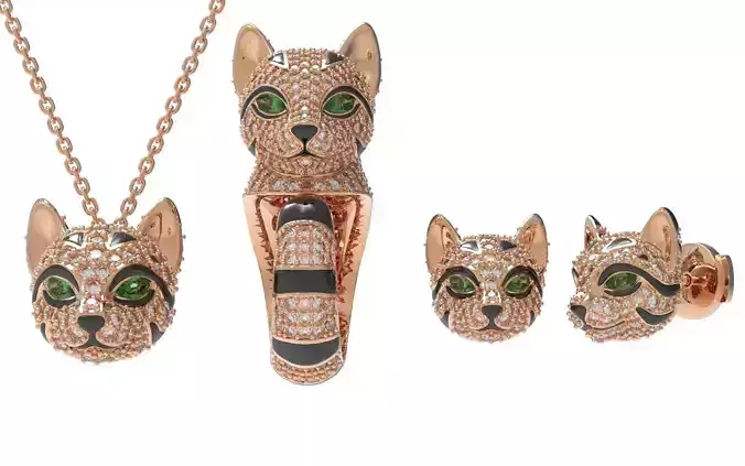 Leo cat set earrings necklace ring