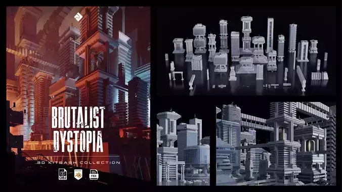 Brutalist Dystopia - Concrete Buildings Blender 3D Kitbash Pack 3D model