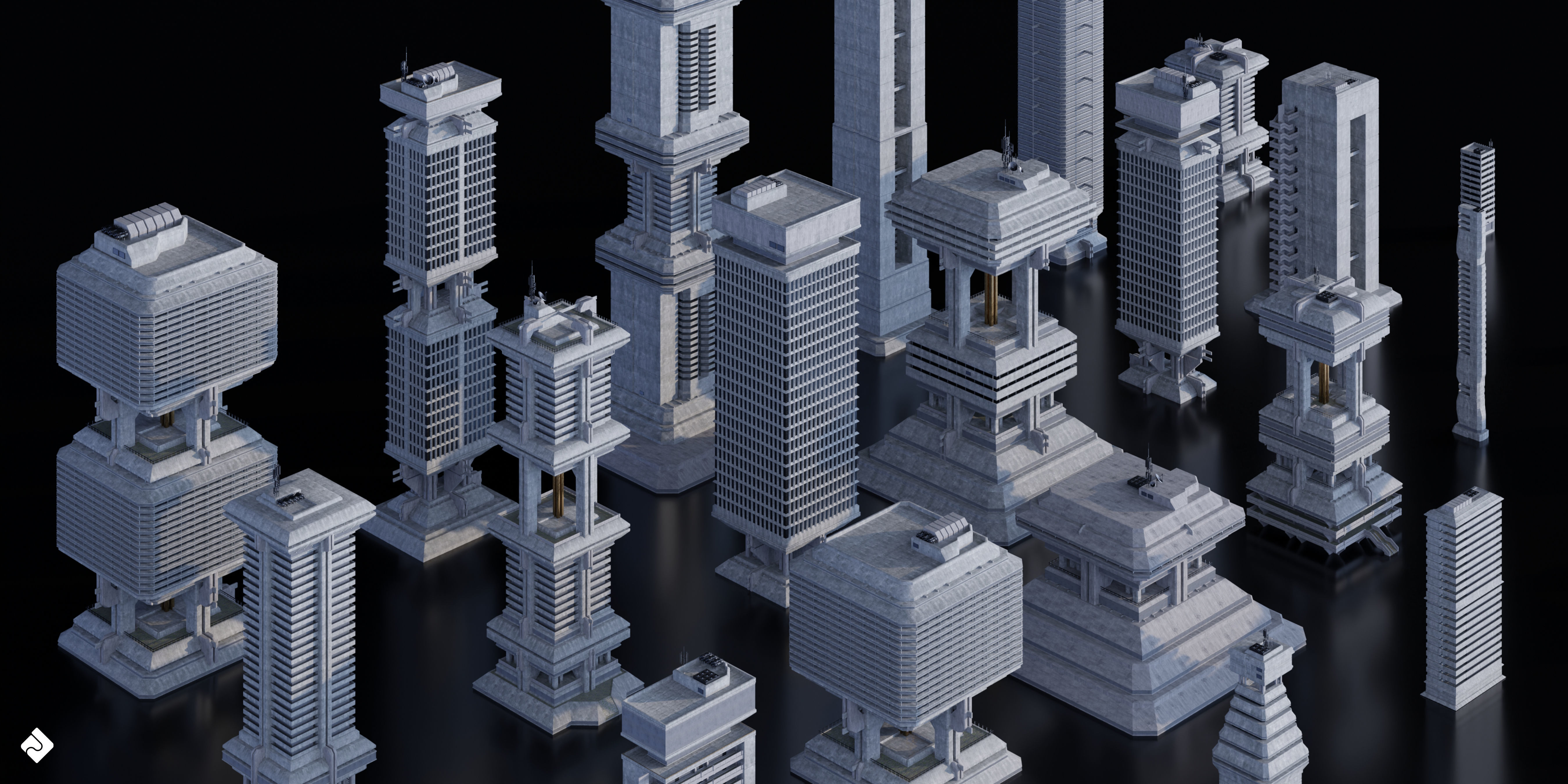 Brutalist Dystopia - Concrete Buildings Blender 3D Kitbash Pack 3D model_6