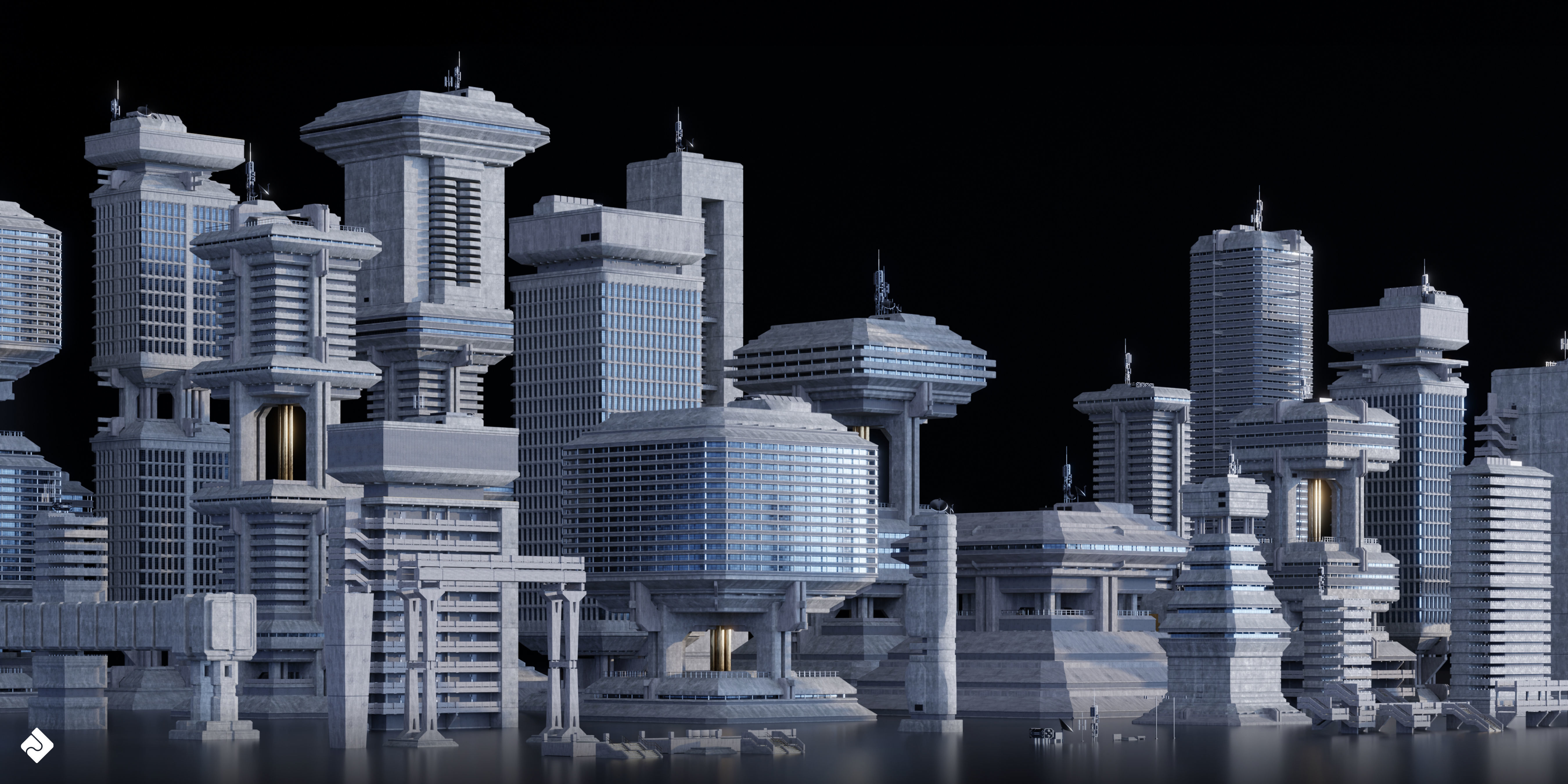 Brutalist Dystopia - Concrete Buildings Blender 3D Kitbash Pack 3D model_8