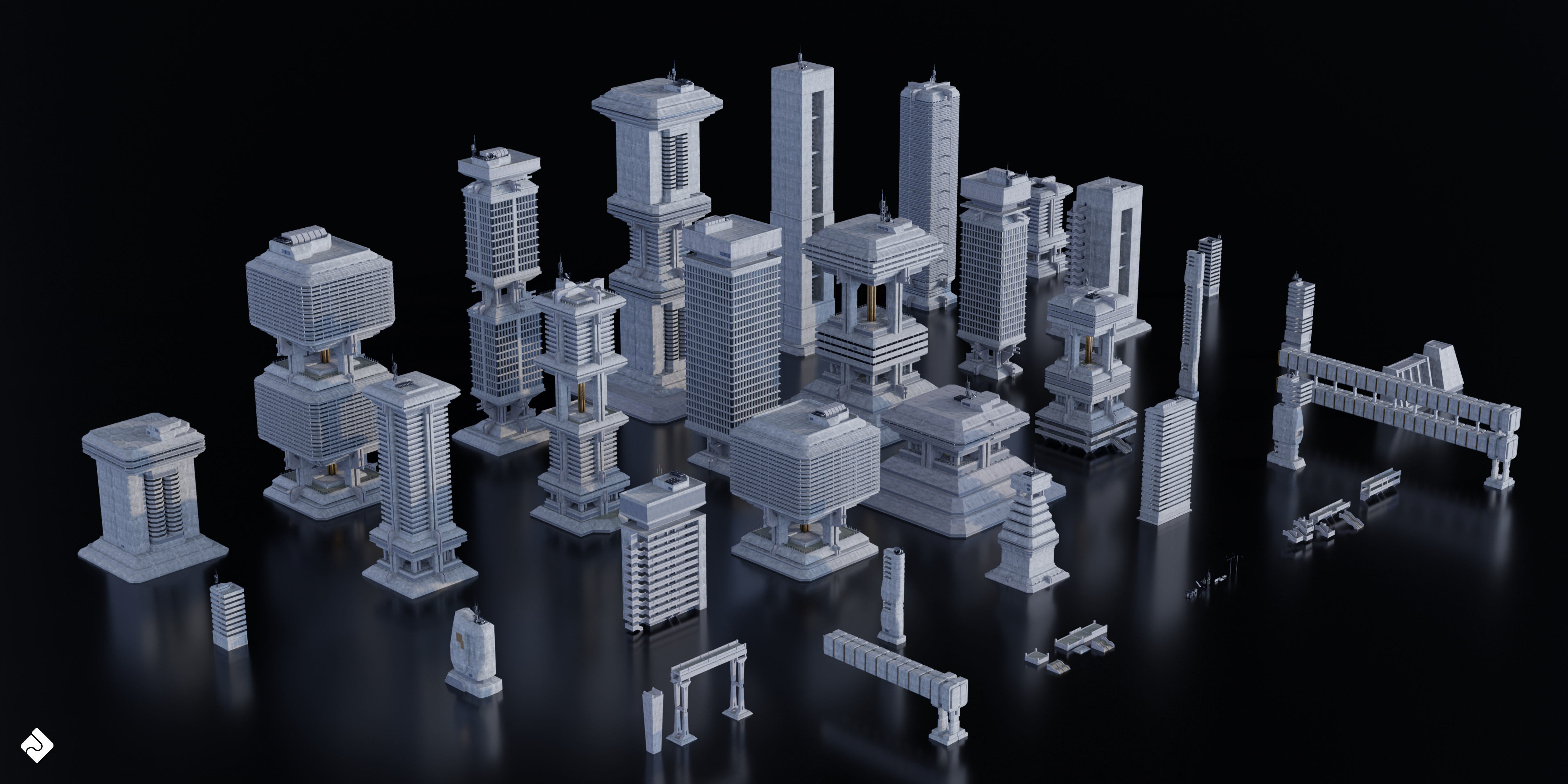Brutalist Dystopia - Concrete Buildings Blender 3D Kitbash Pack 3D model_11