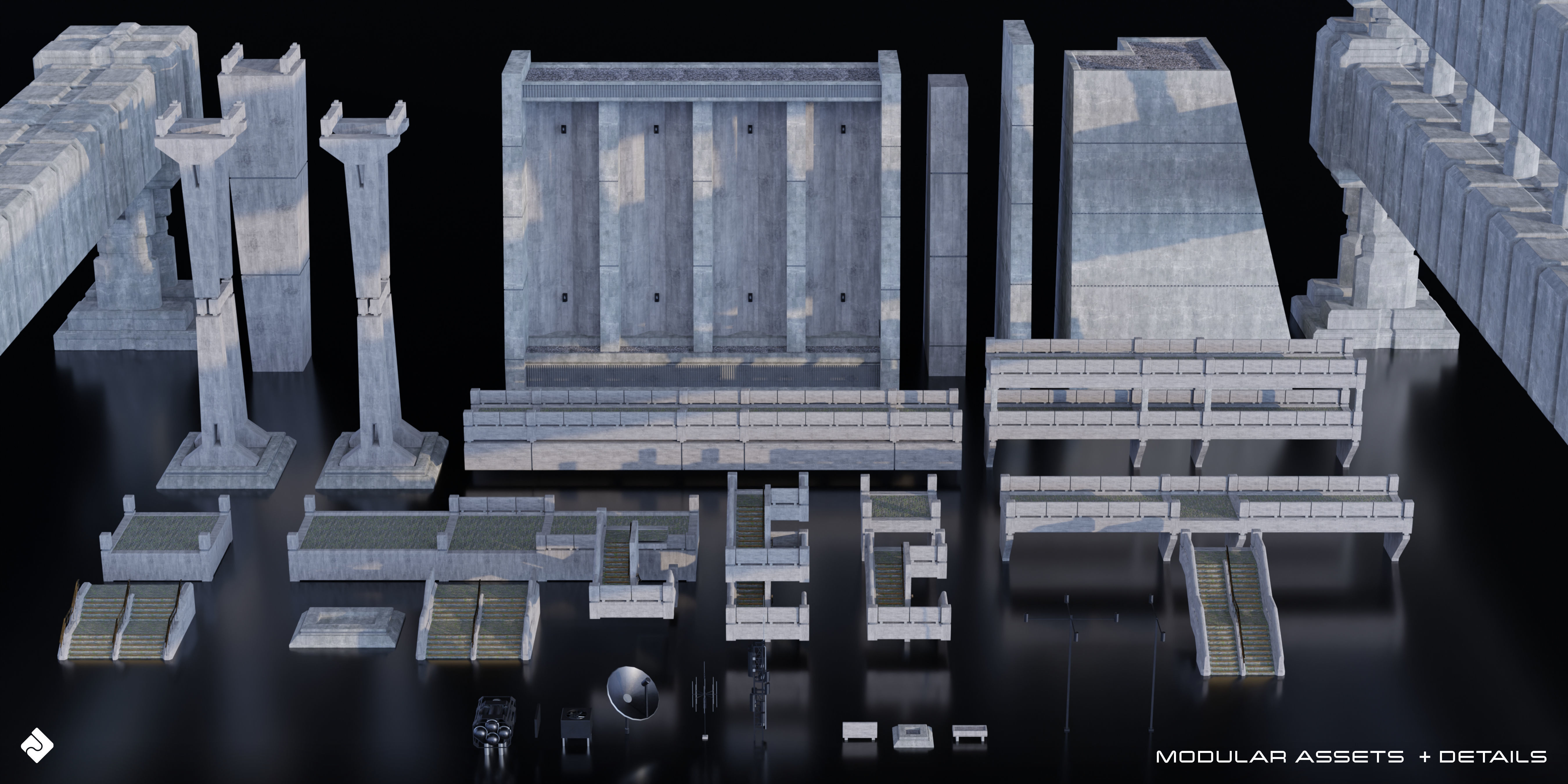 Brutalist Dystopia - Concrete Buildings Blender 3D Kitbash Pack 3D model_12