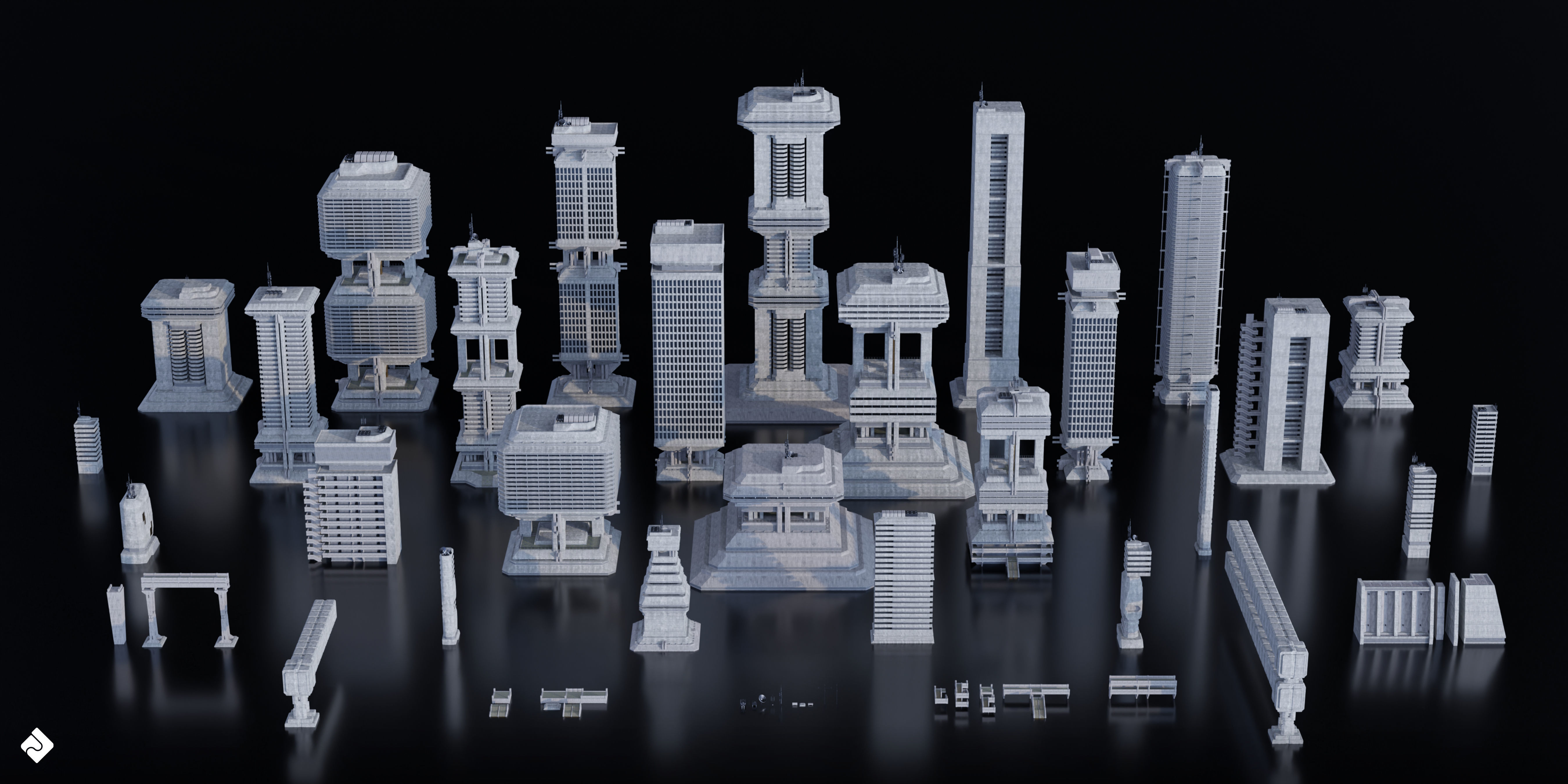 Brutalist Dystopia - Concrete Buildings Blender 3D Kitbash Pack 3D model_2