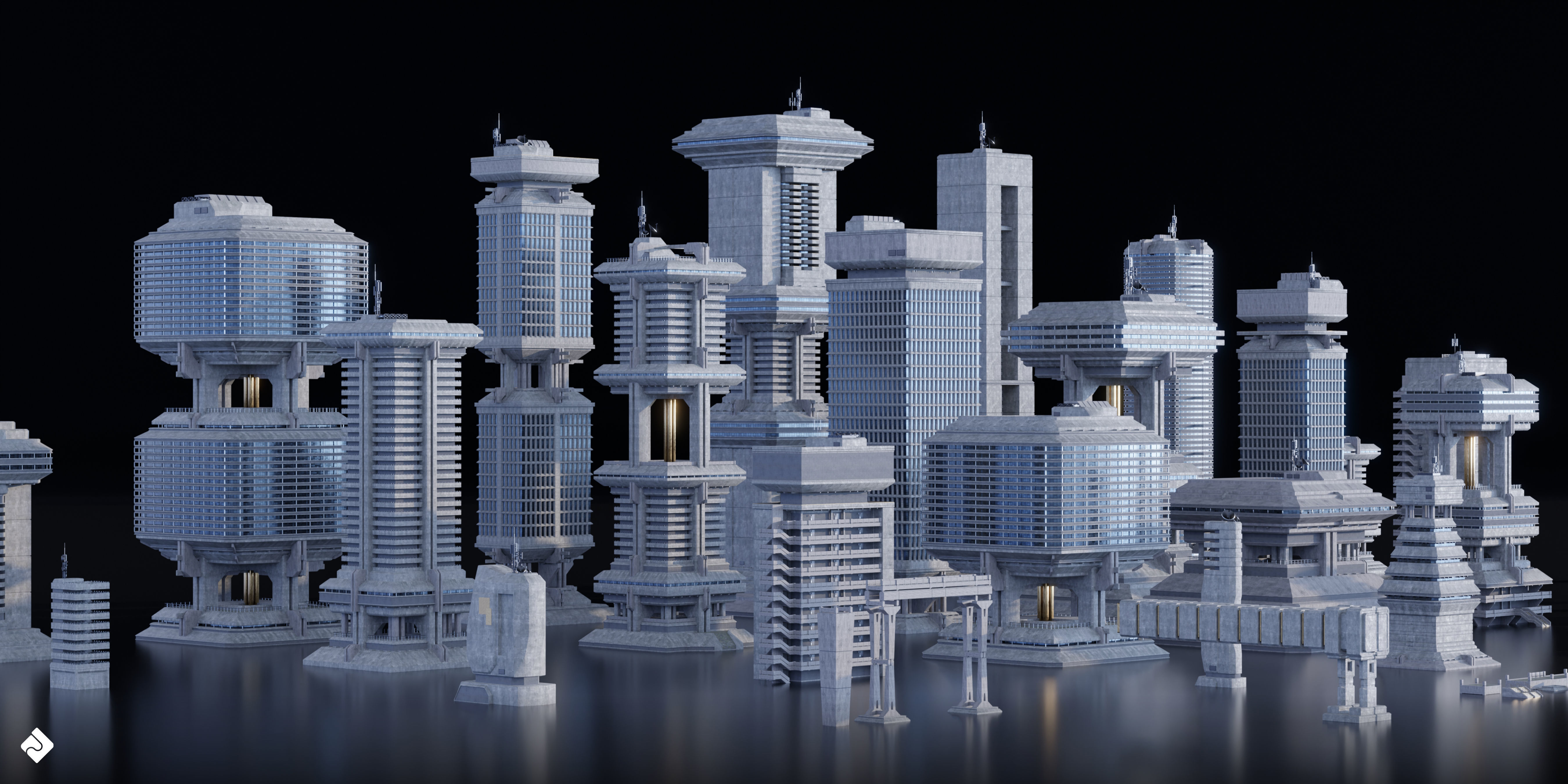 Brutalist Dystopia - Concrete Buildings Blender 3D Kitbash Pack 3D model_10