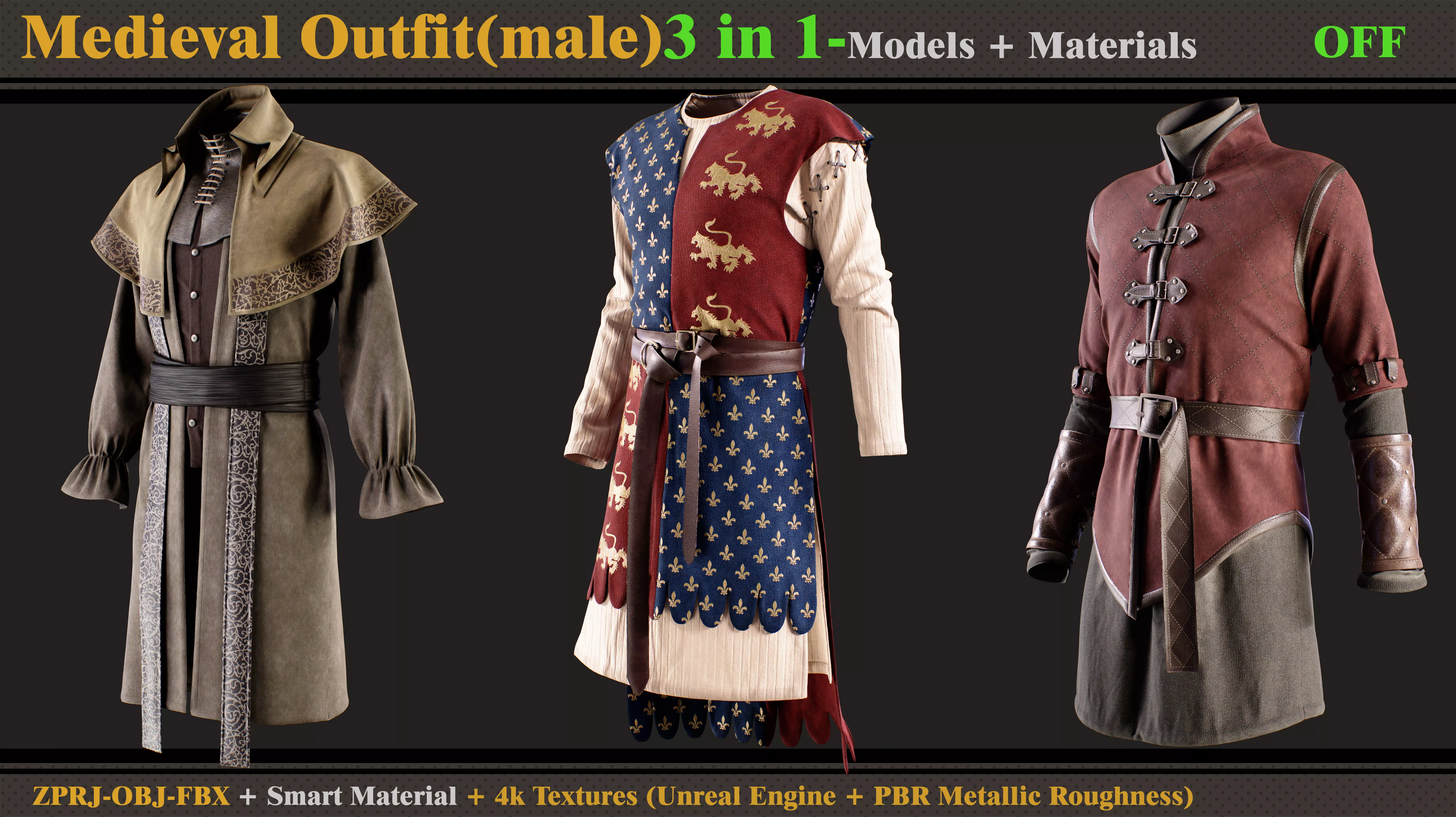 3 in 1 Medieval Outfit-Clo3d -OBJ- FBX- Smart Material -Textures 3D model_0
