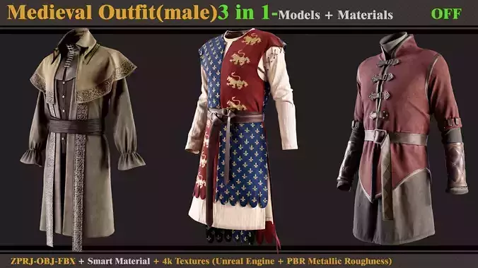 3 in 1 Medieval Outfit-Clo3d -OBJ- FBX- Smart Material -Textures