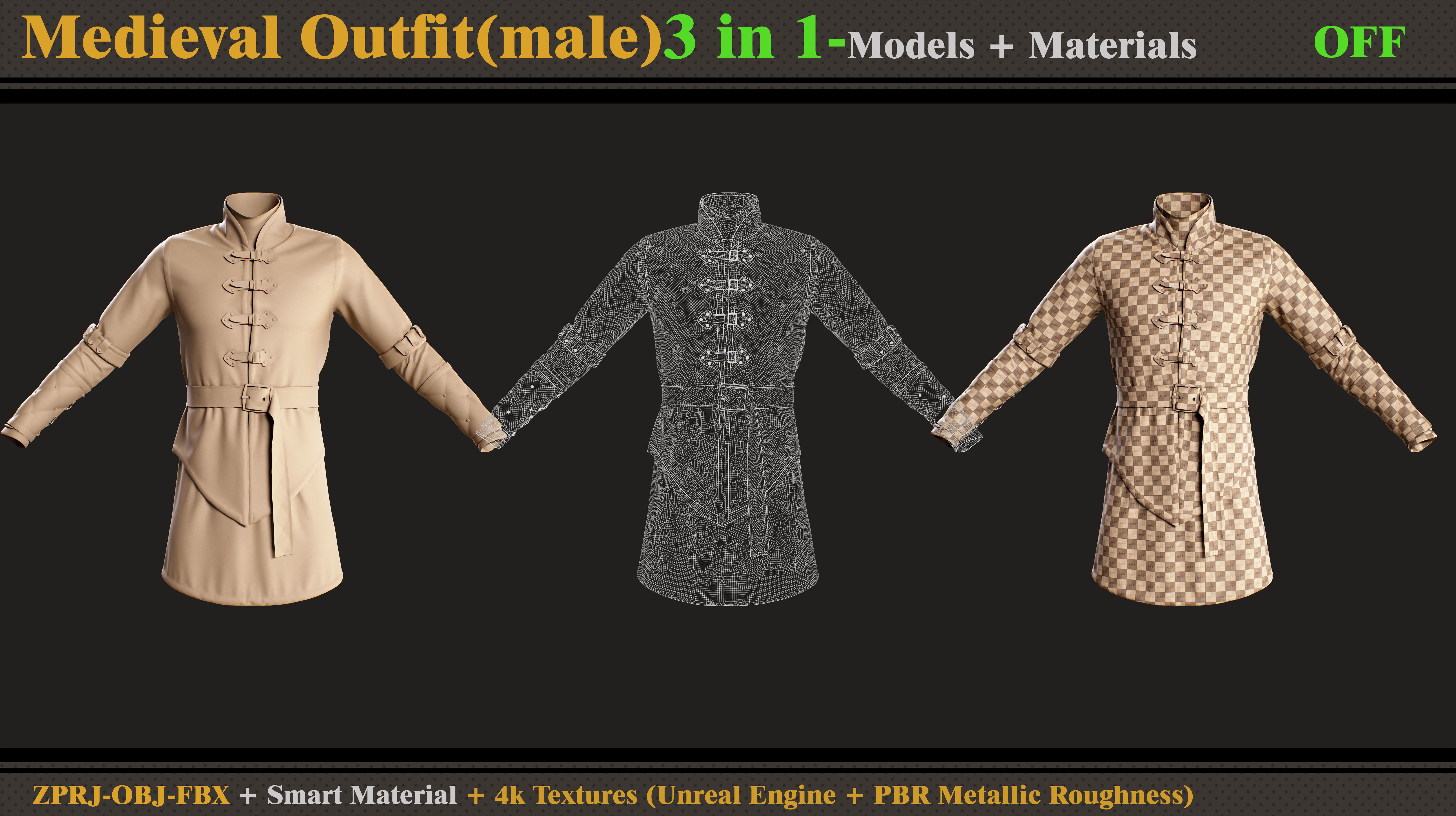 3 in 1 Medieval Outfit-Clo3d -OBJ- FBX- Smart Material -Textures 3D model_4