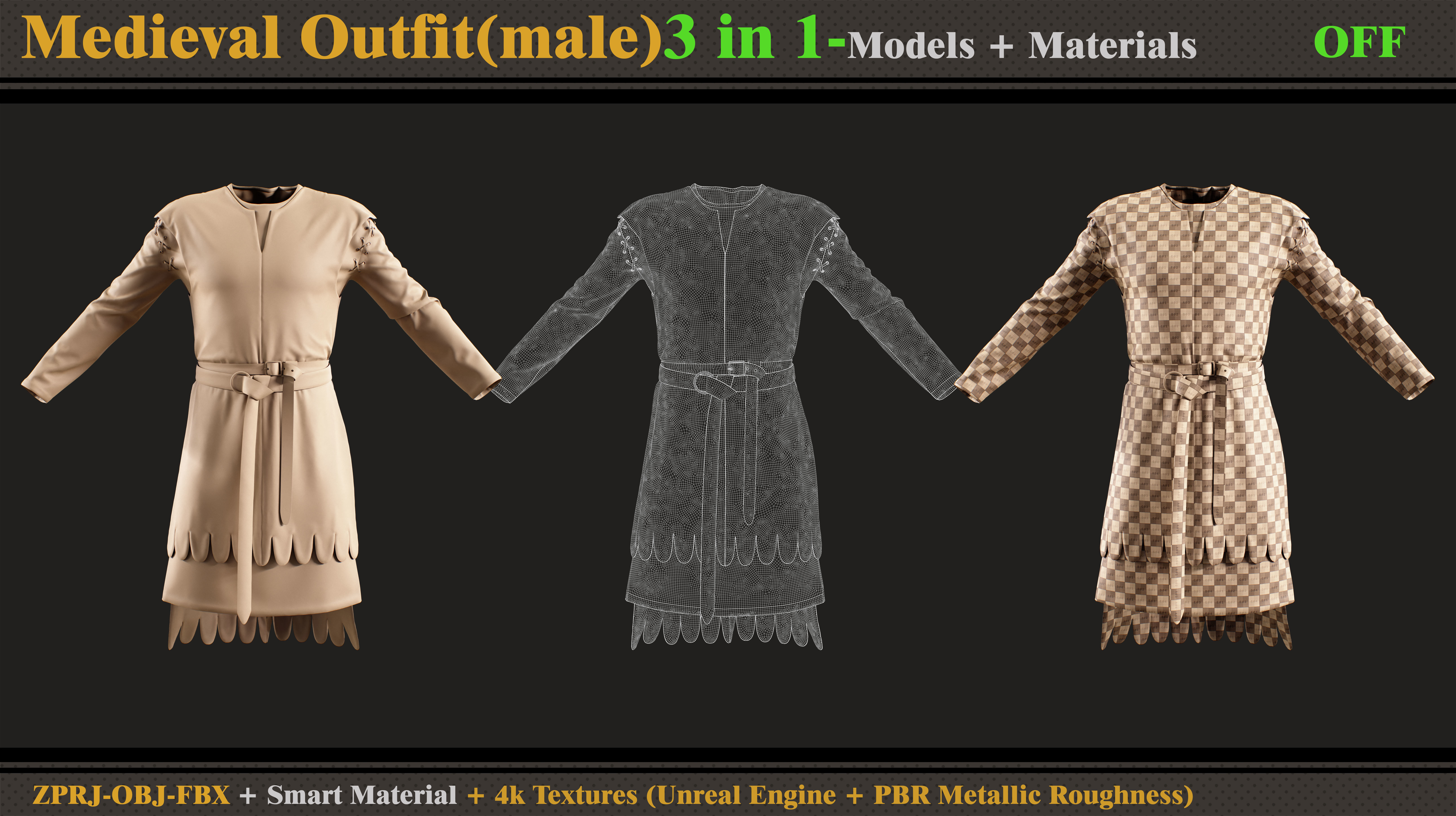 3 in 1 Medieval Outfit-Clo3d -OBJ- FBX- Smart Material -Textures 3D model_6