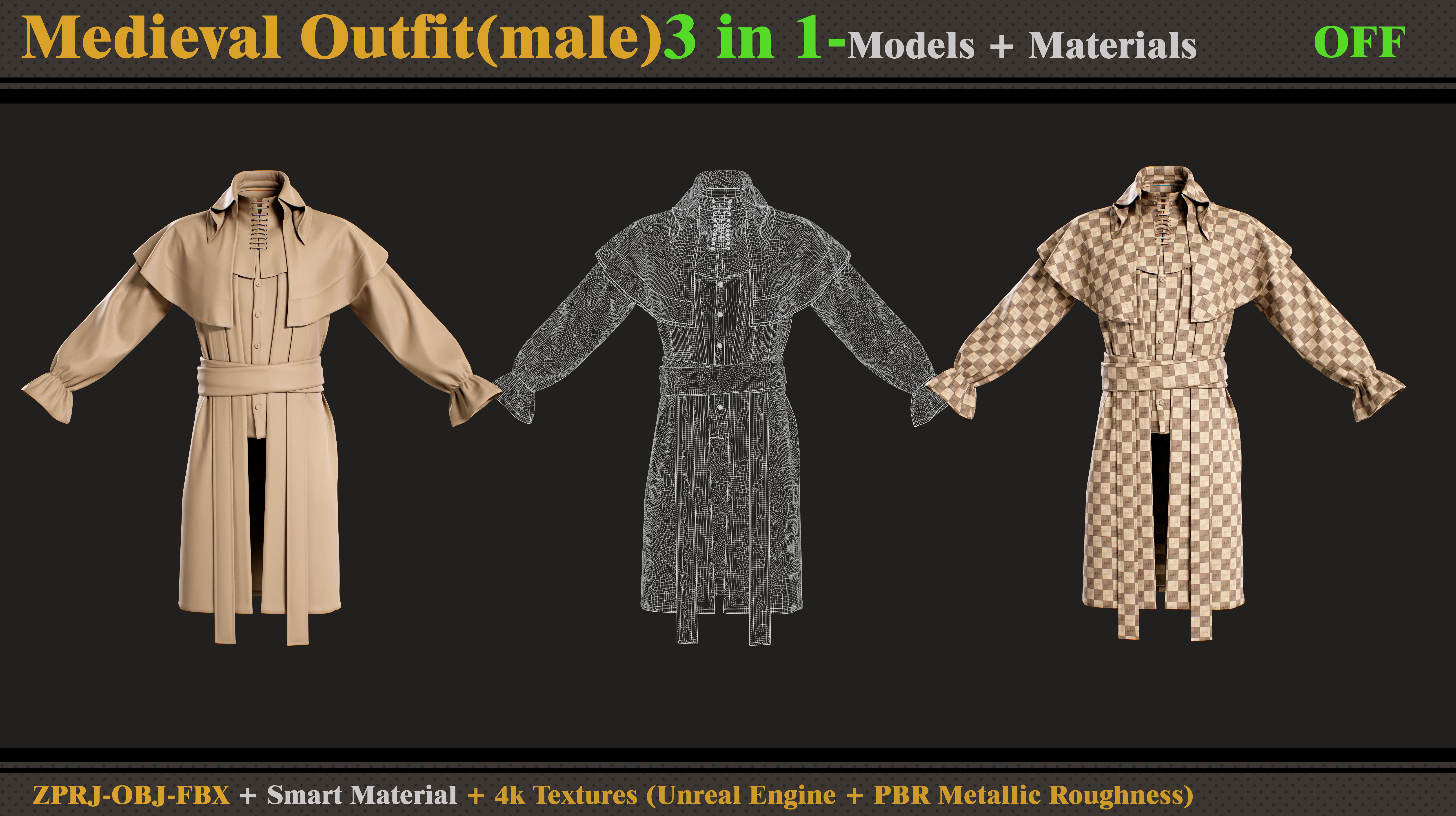 3 in 1 Medieval Outfit-Clo3d -OBJ- FBX- Smart Material -Textures 3D model_5