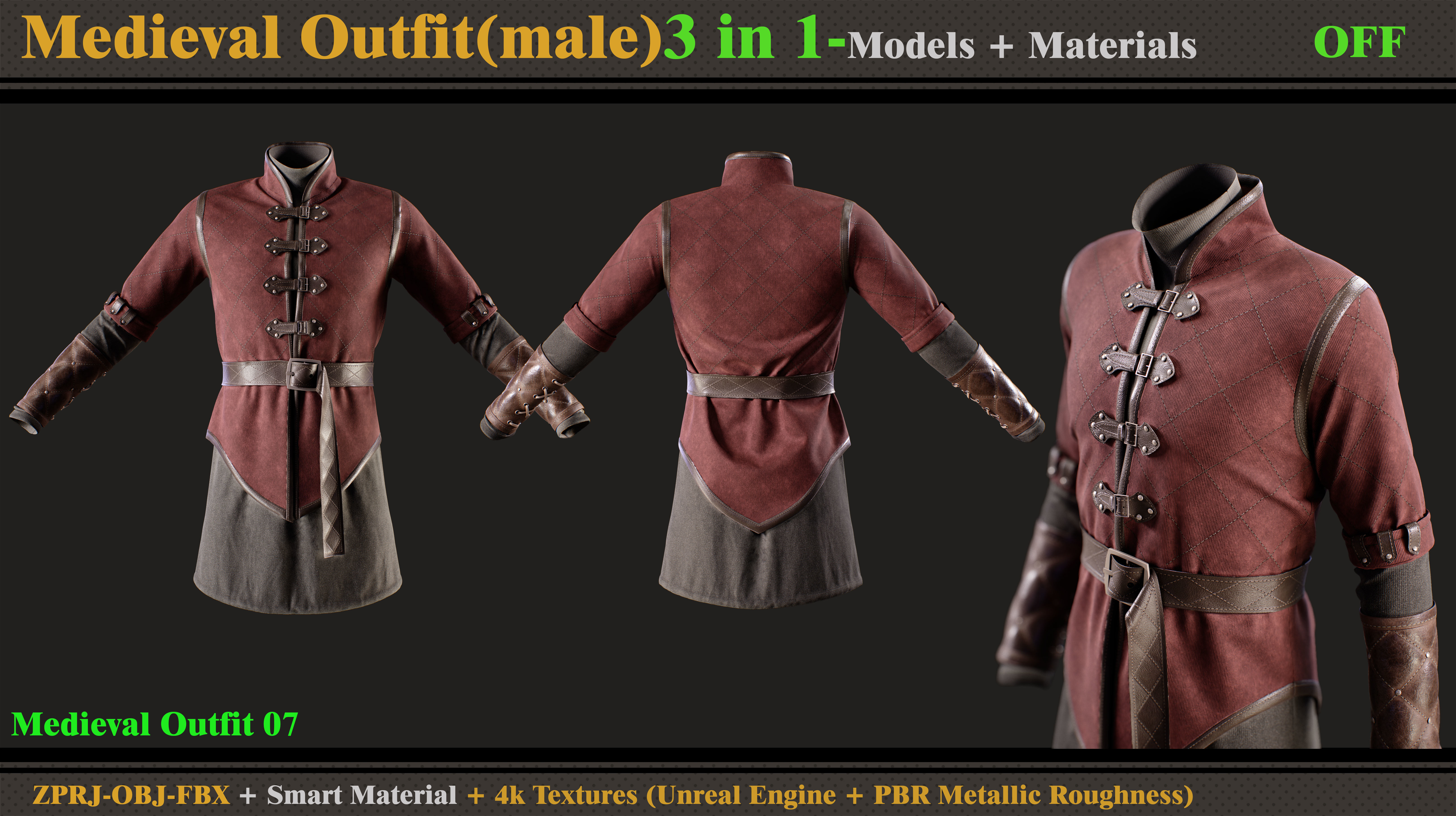 3 in 1 Medieval Outfit-Clo3d -OBJ- FBX- Smart Material -Textures 3D model_1
