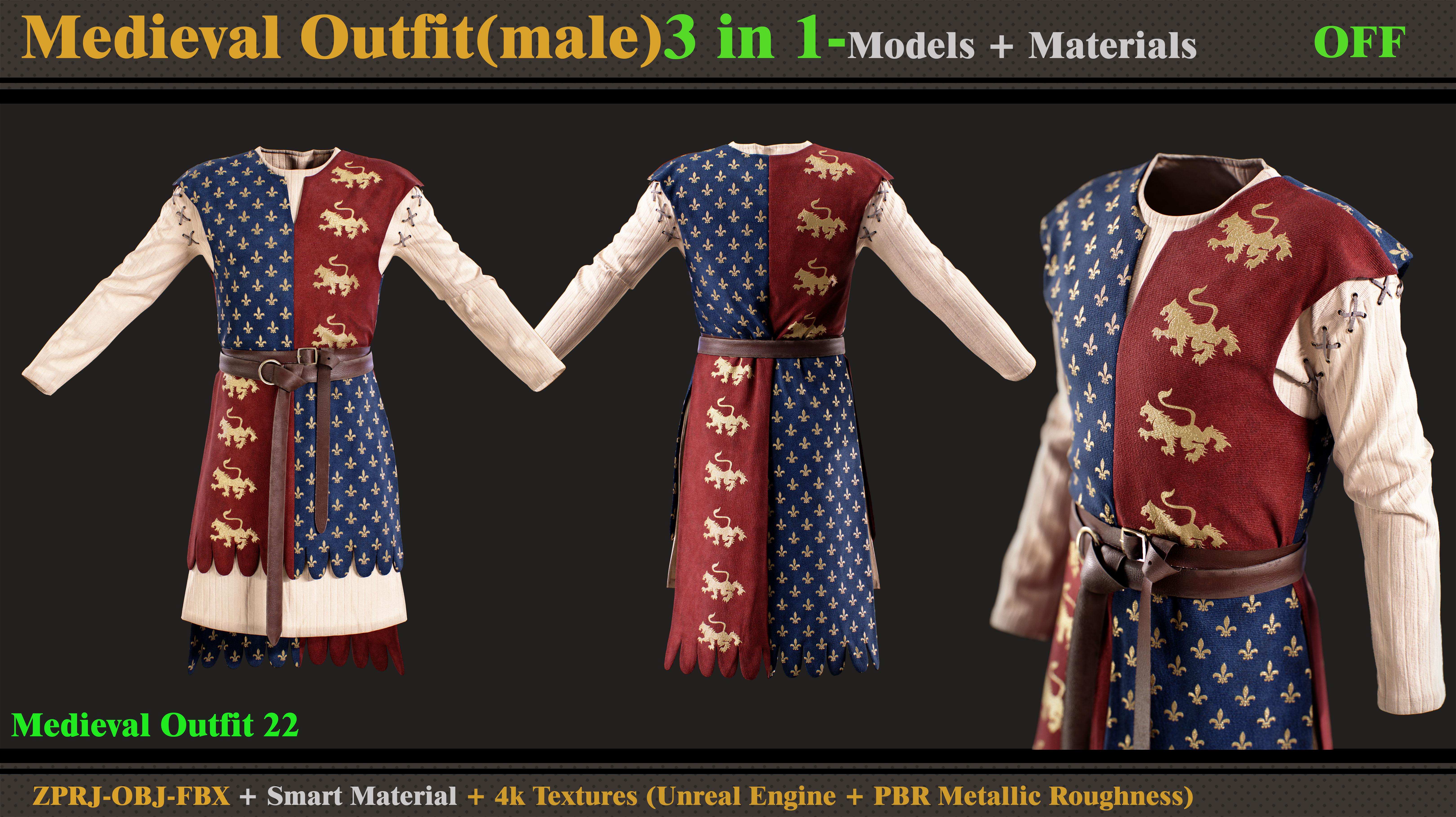 3 in 1 Medieval Outfit-Clo3d -OBJ- FBX- Smart Material -Textures 3D model_3