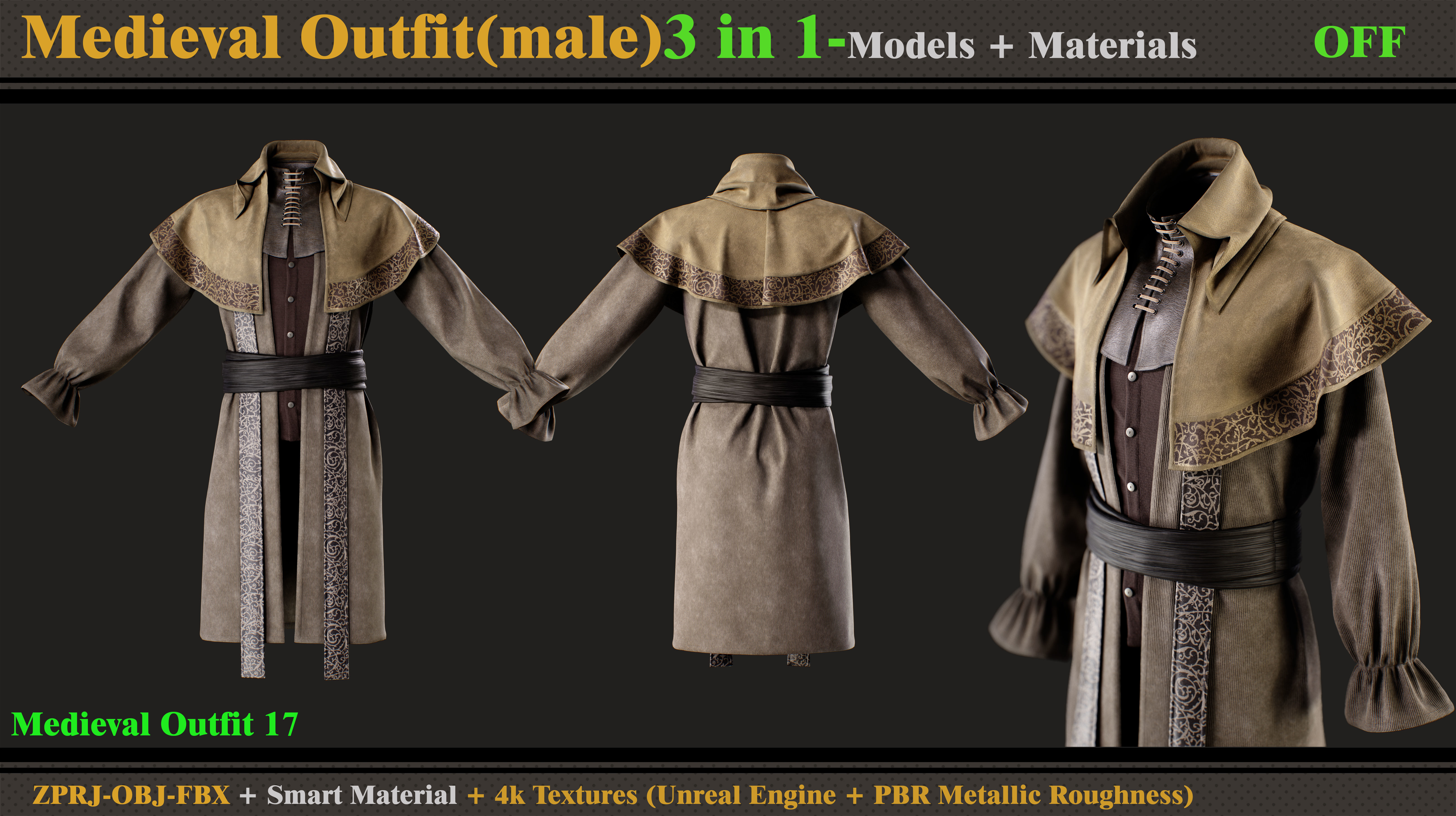 3 in 1 Medieval Outfit-Clo3d -OBJ- FBX- Smart Material -Textures 3D model_2