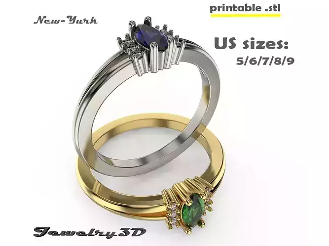 Printable STL jewelry engagement ring gem marquise 018ct