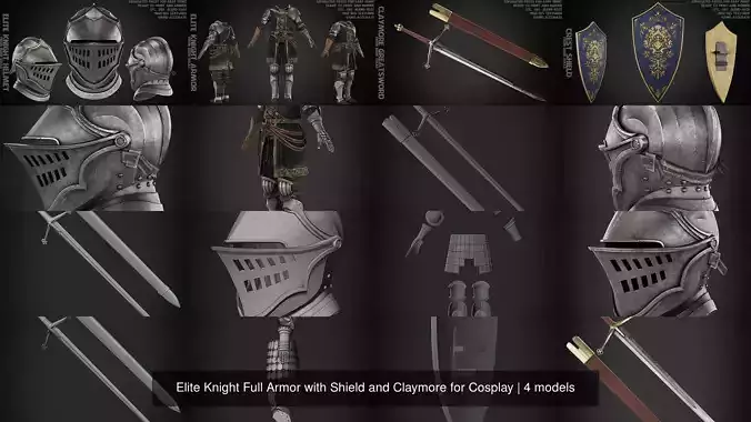 Elite Knight Full Armor with Shield and Claymore for Cosplay