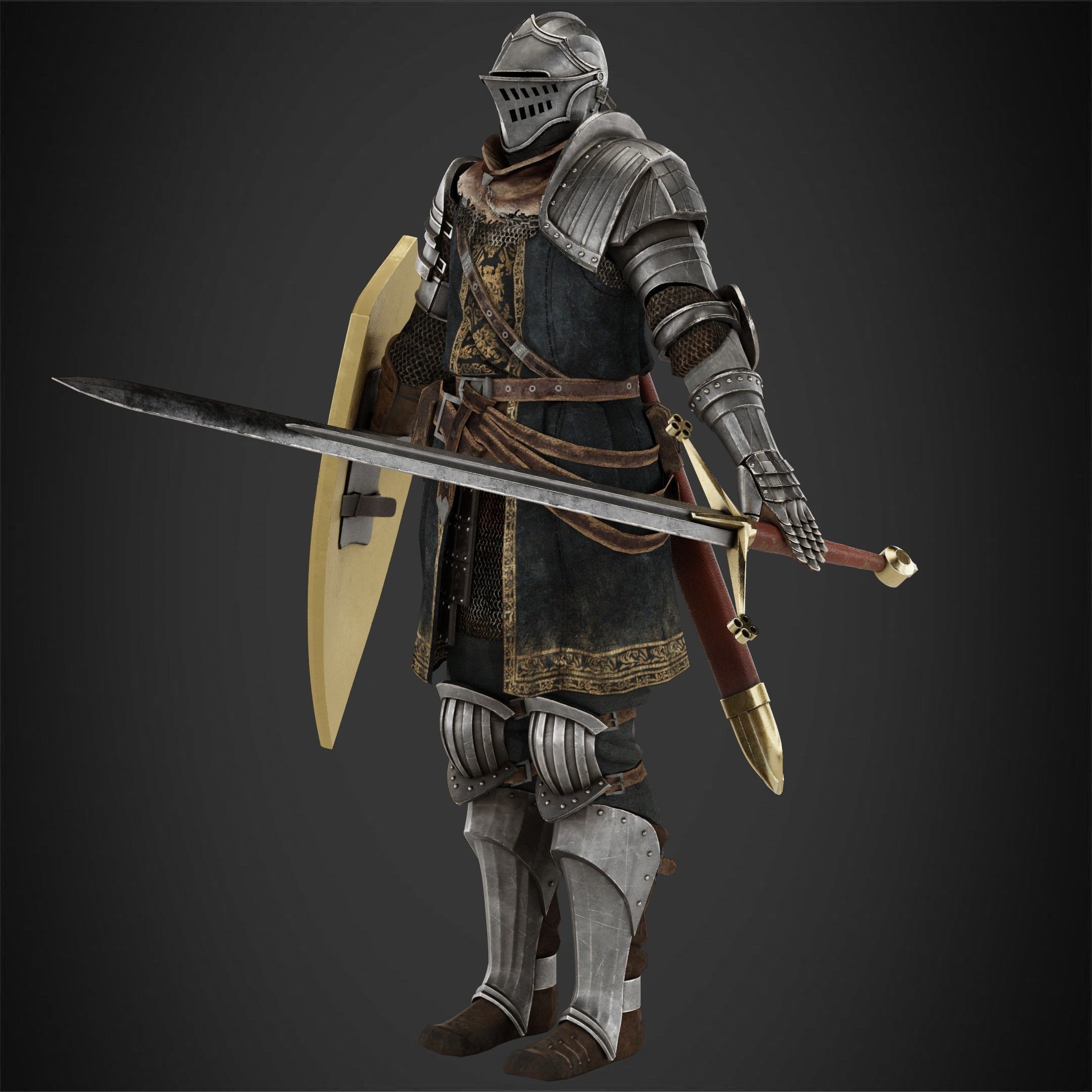 Elite Knight Full Armor with Shield and Claymore for Cosplay 3D Model Collection_11