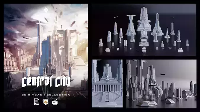 Central City - Brutalist Building Assets Blender 3D Kitbash Pack 3D model