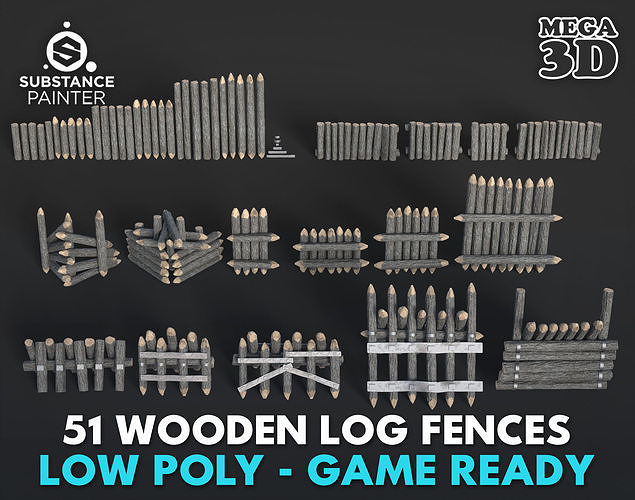 51 Lowpoly Wooden Log Fences - 240303 Low-poly 3D model