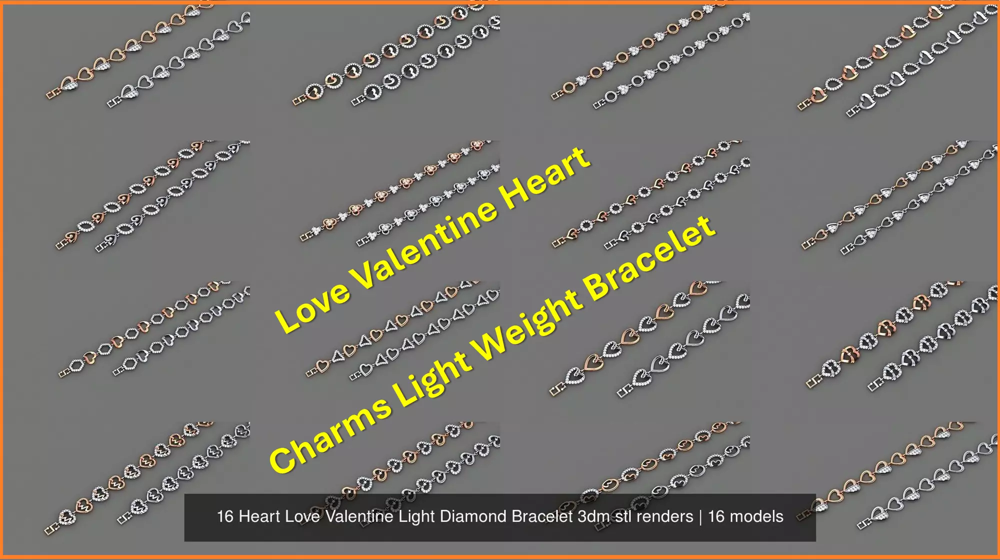 16 Heart Love Valentine Light Diamond Bracelet 3dm stl renders 3D Model Collection_0