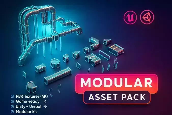 Industrial Modular Ventilation System 20 Parts Low Poly Textured Low-poly 3D model
