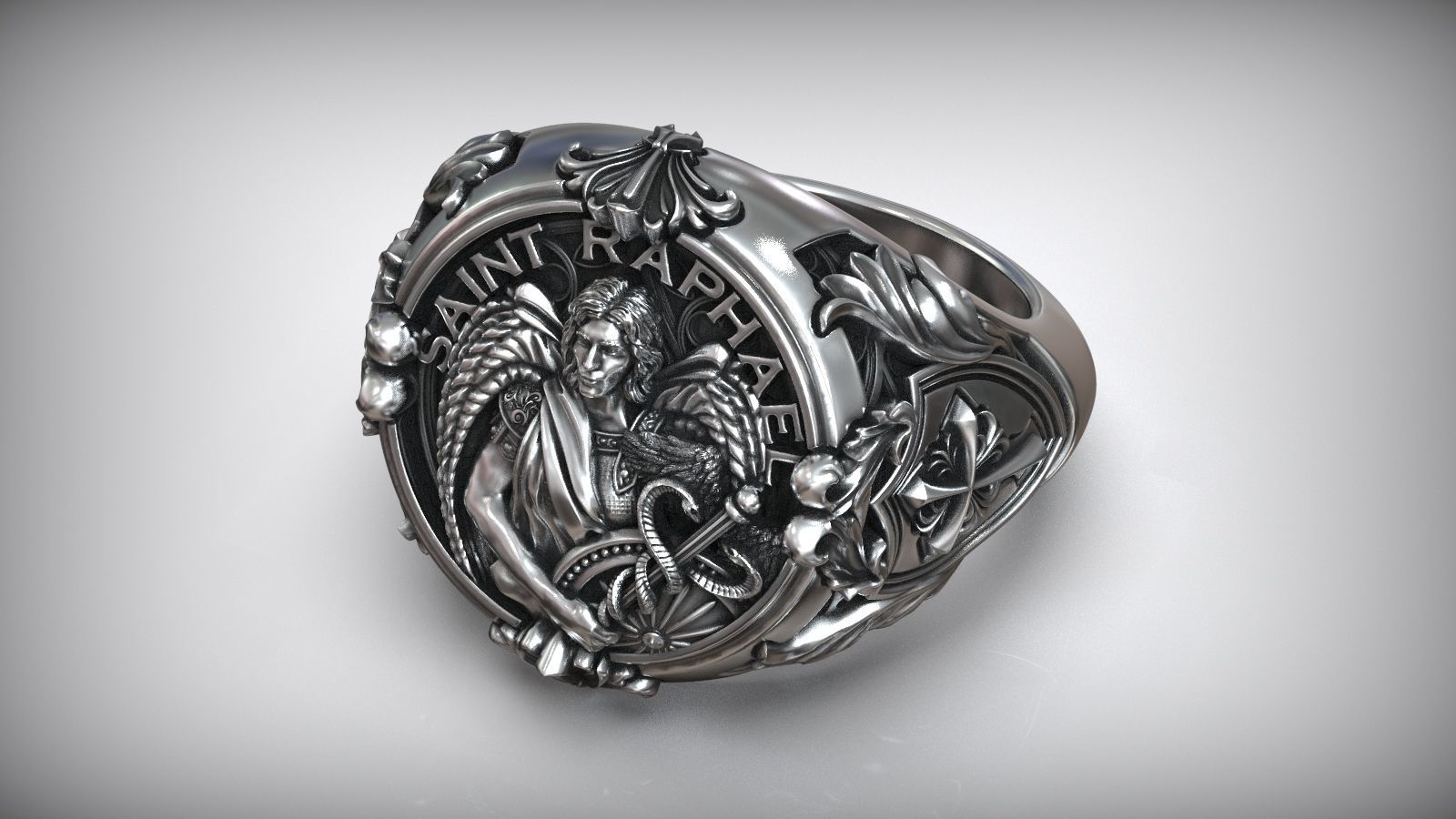 Saint Raphael Archangel Shield Caduceus Spear Christian Ring 3D print model_2