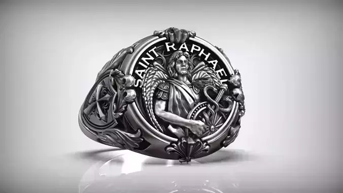 Saint Raphael Archangel Shield Caduceus Spear Christian Ring 3D print model