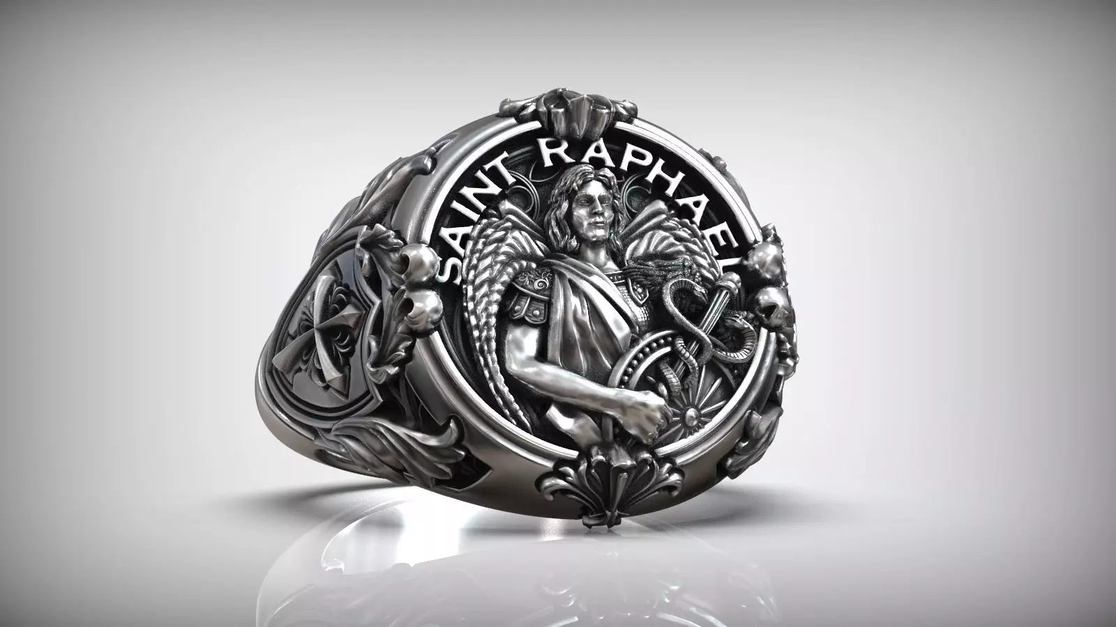 Saint Raphael Archangel Shield Caduceus Spear Christian Ring 3D print model_0