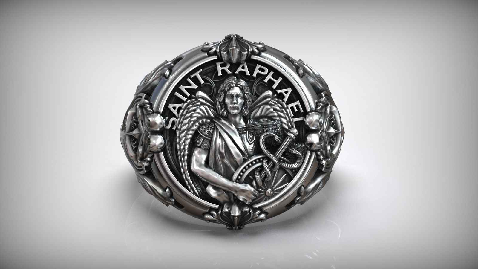 Saint Raphael Archangel Shield Caduceus Spear Christian Ring 3D print model_1