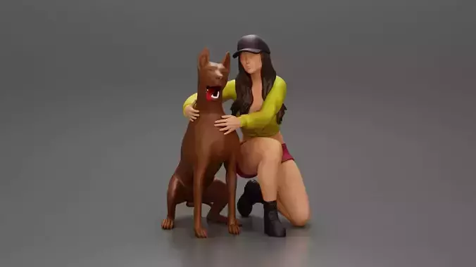 Woman in a cap and mini jacket sitting and hugging her happy dog