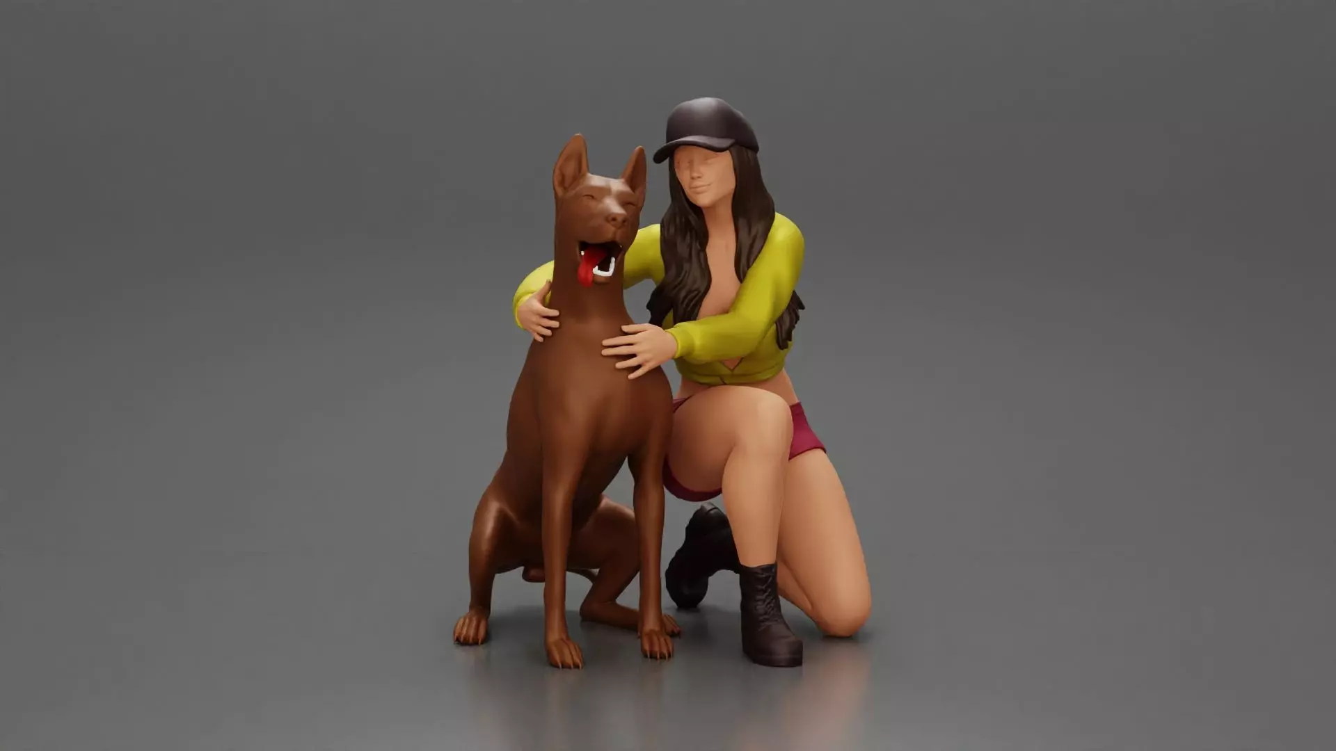 Woman in a cap and mini jacket sitting and hugging her happy dog 3D print model_0