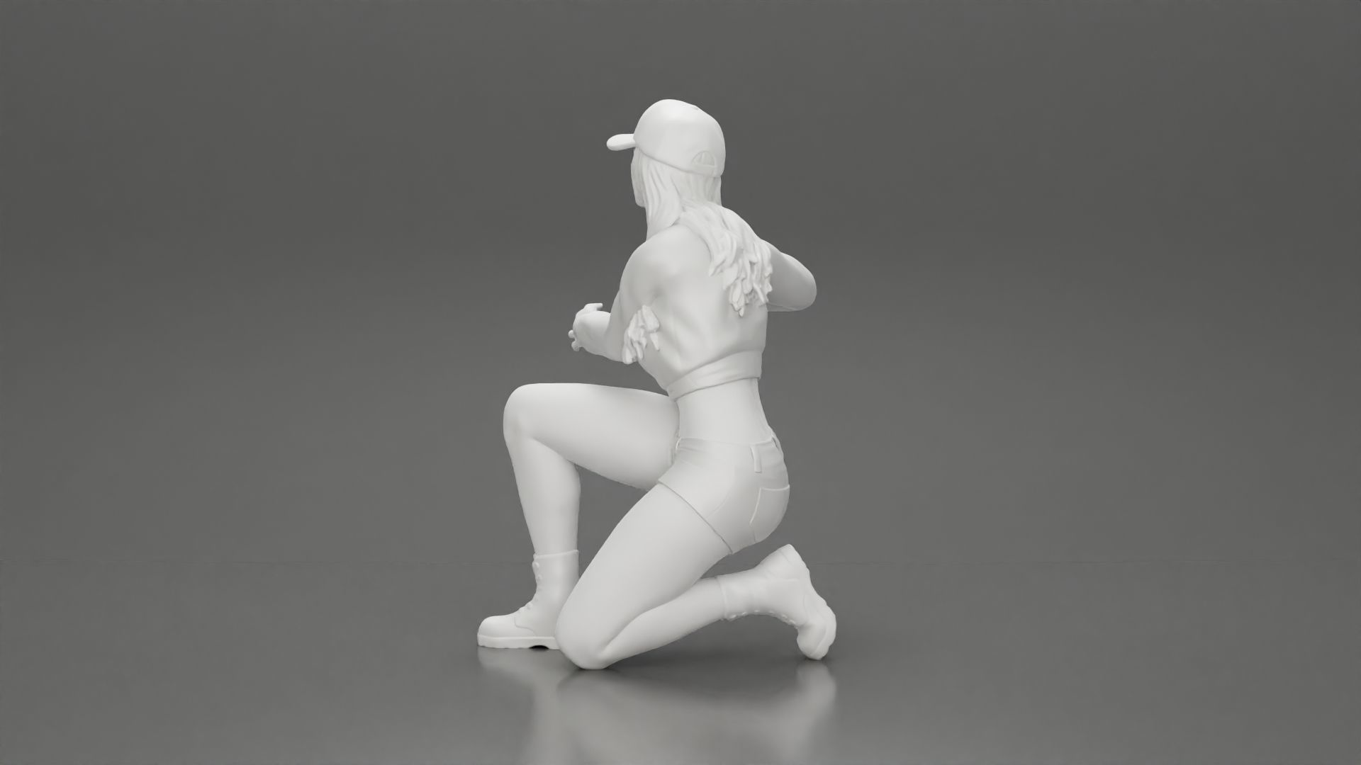 Woman in a cap and mini jacket sitting and hugging her happy dog 3D print model_28