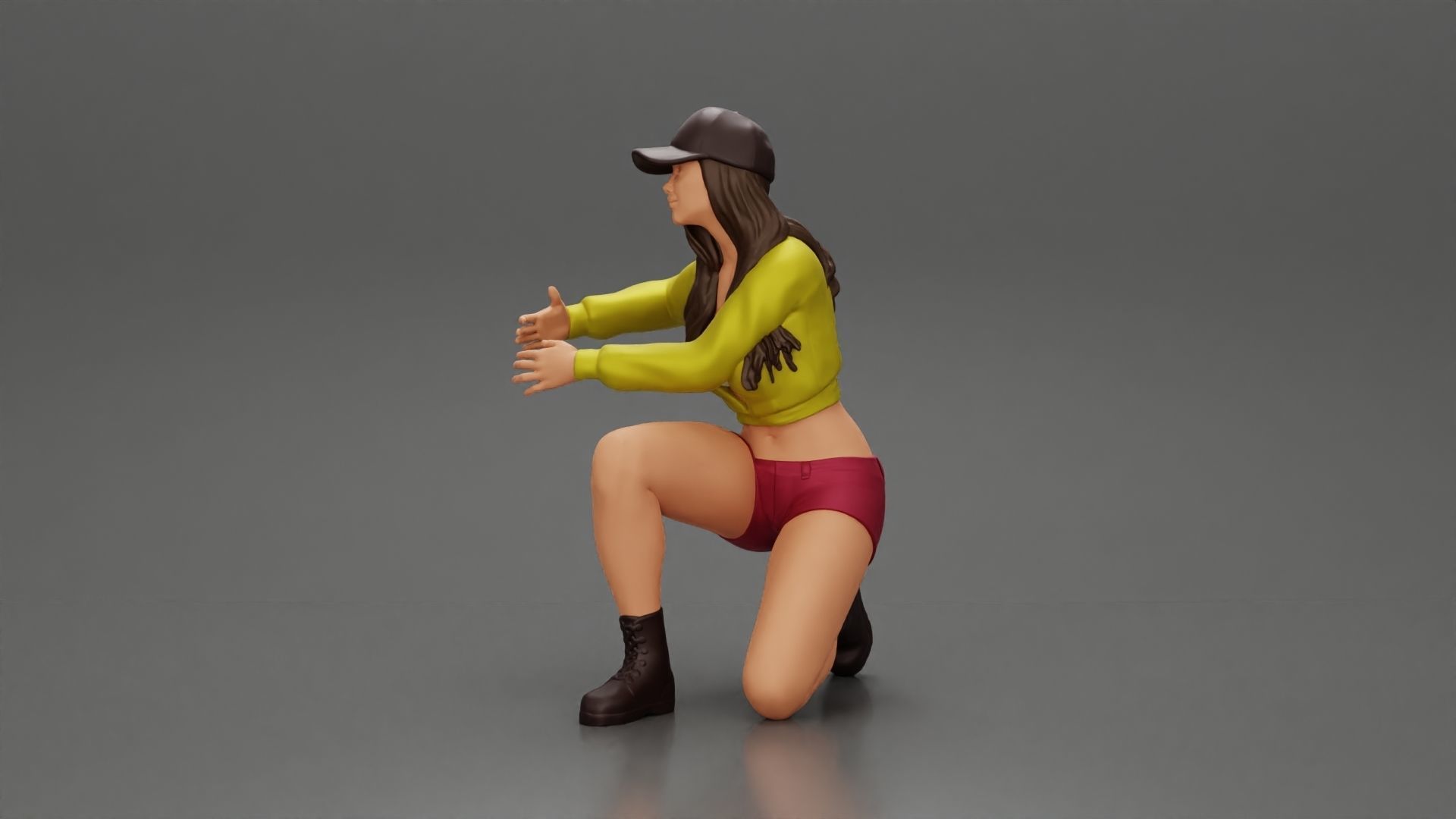 Woman in a cap and mini jacket sitting and hugging her happy dog 3D print model_12
