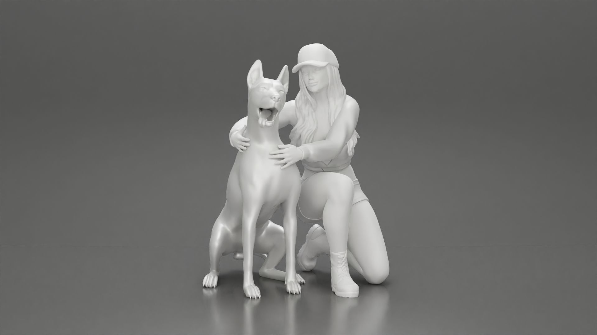 Woman in a cap and mini jacket sitting and hugging her happy dog 3D print model_18